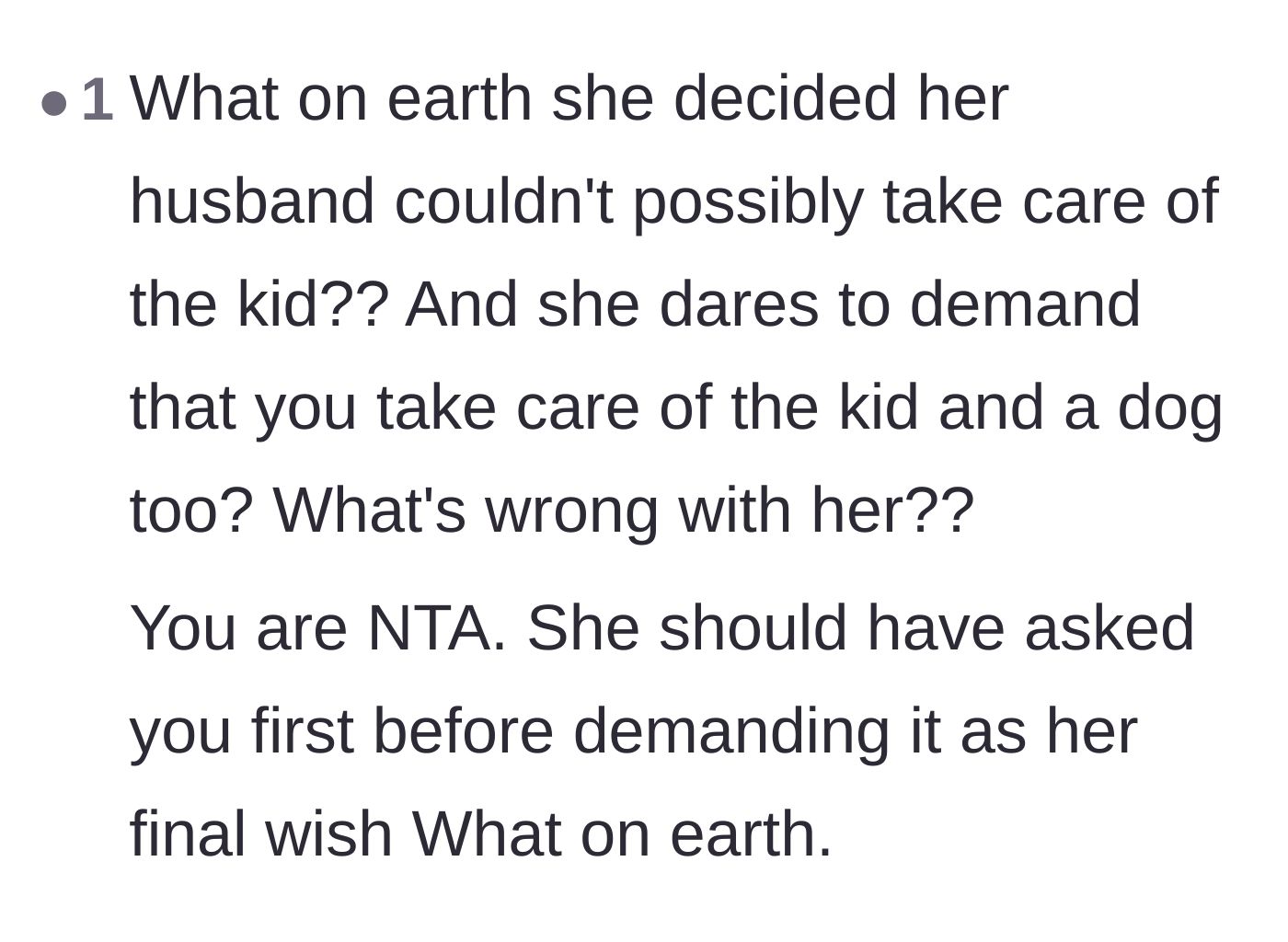 Comment thread 5 - Outrage over the sister-in-law's sheer audacity to demand care for a child and a puppy.