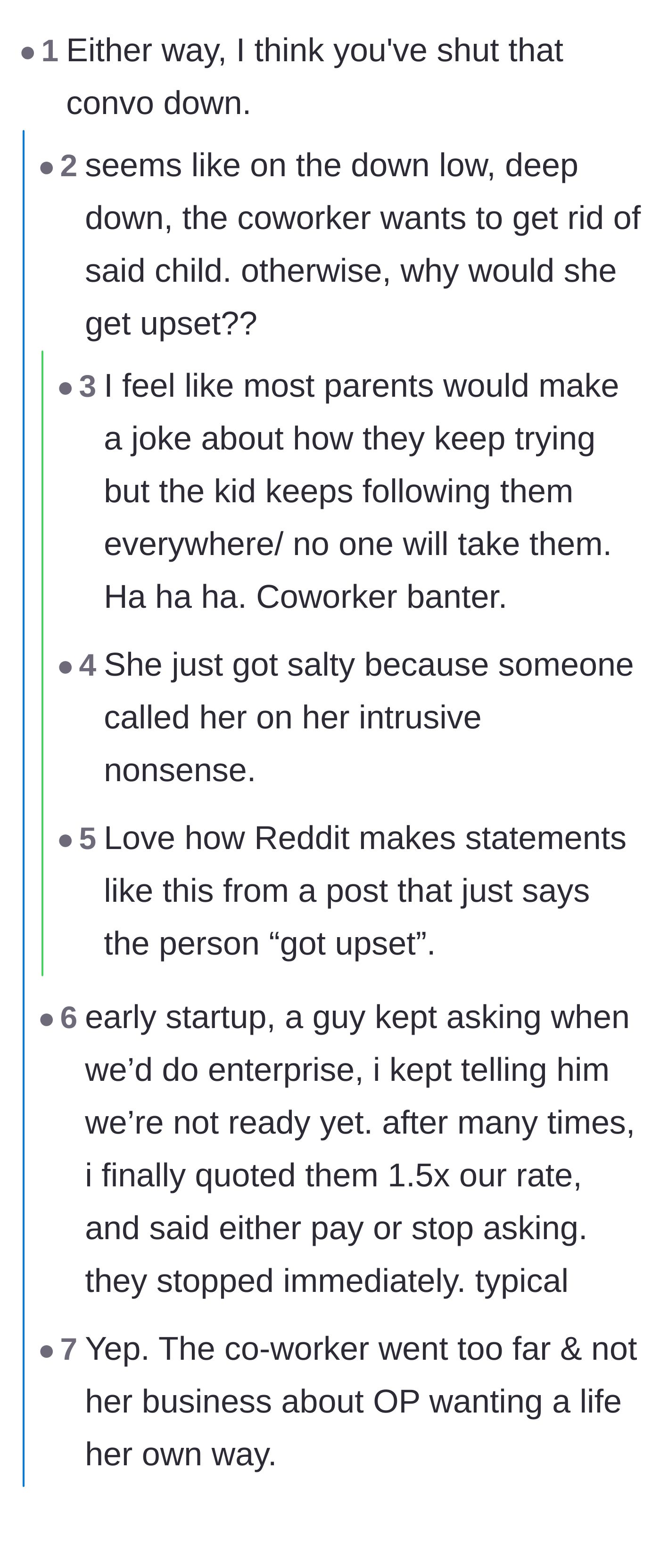 Comment thread 1 - Readers joking that the intrusive coworker might secretly want to return her own kids.