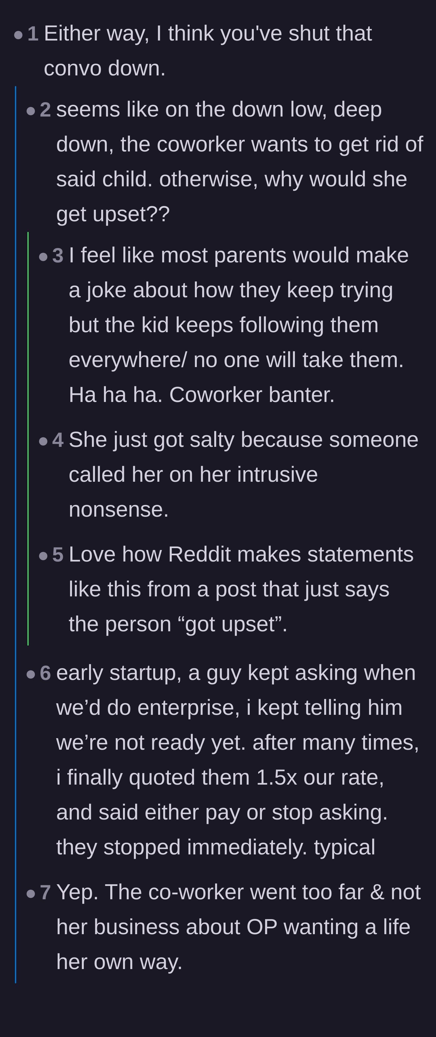 Comment thread 1 - Readers joking that the intrusive coworker might secretly want to return her own kids.