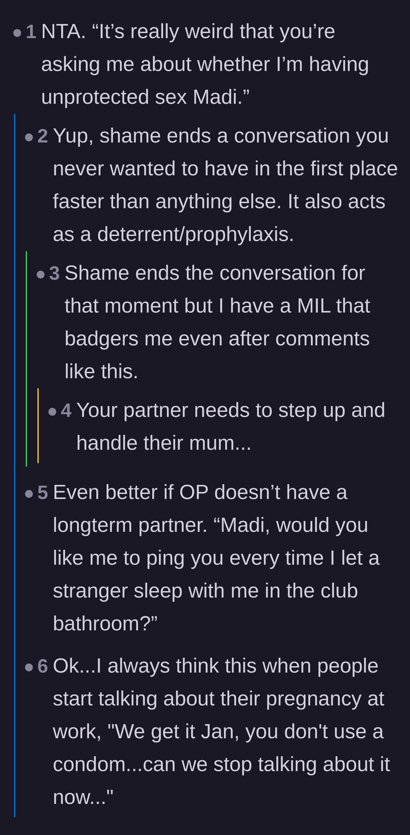 Comment thread 2 - Suggestions to make the coworker uncomfortable by explicitly bringing up unprotected intimacy.