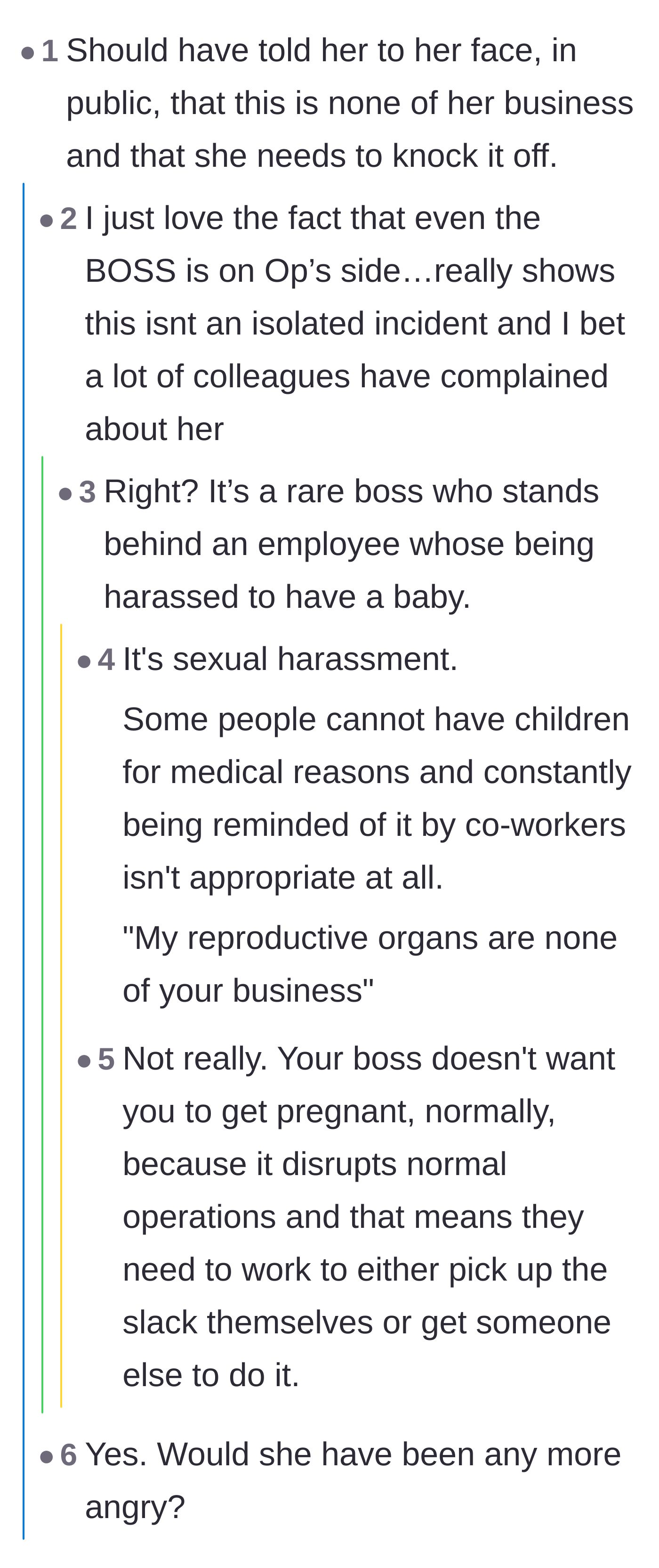 Comment thread 3 - Discussion on how the boss siding with the main character proves the coworker is a known office nuisance.