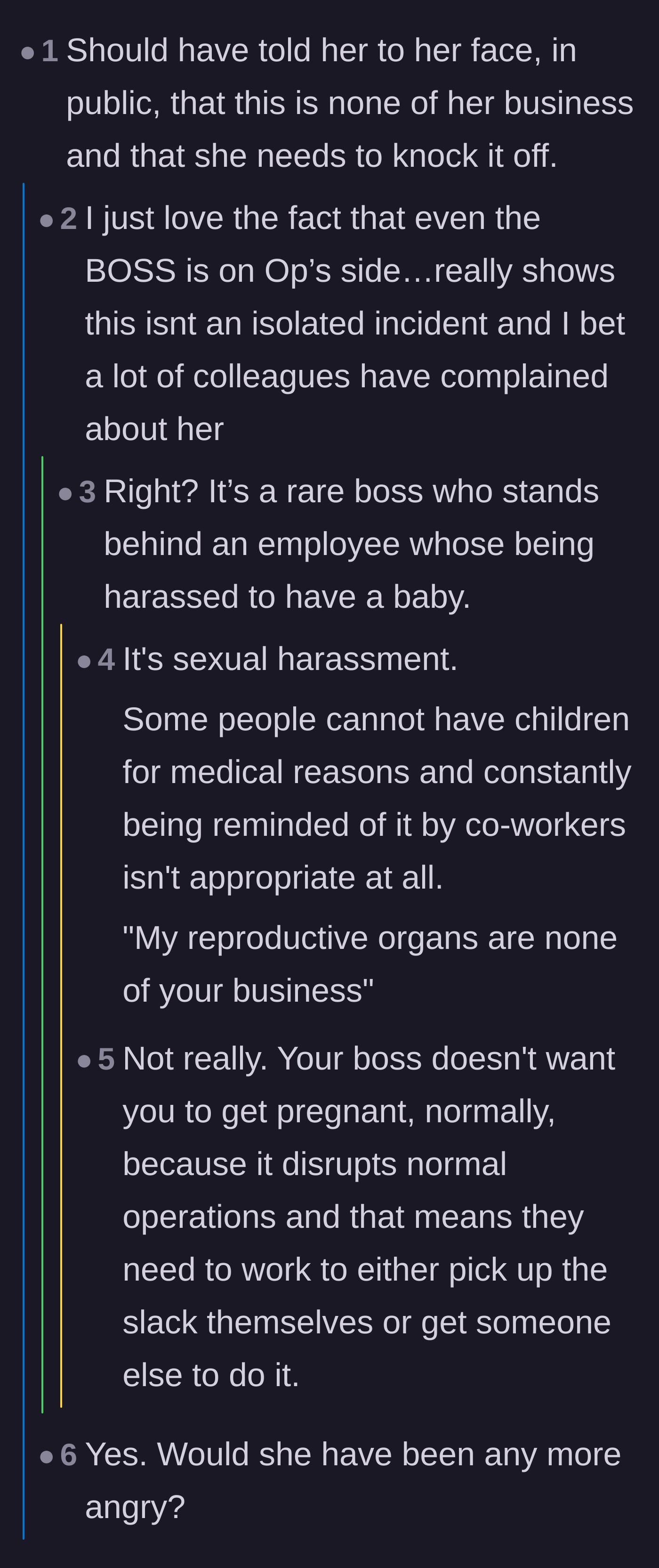 Comment thread 3 - Discussion on how the boss siding with the main character proves the coworker is a known office nuisance.