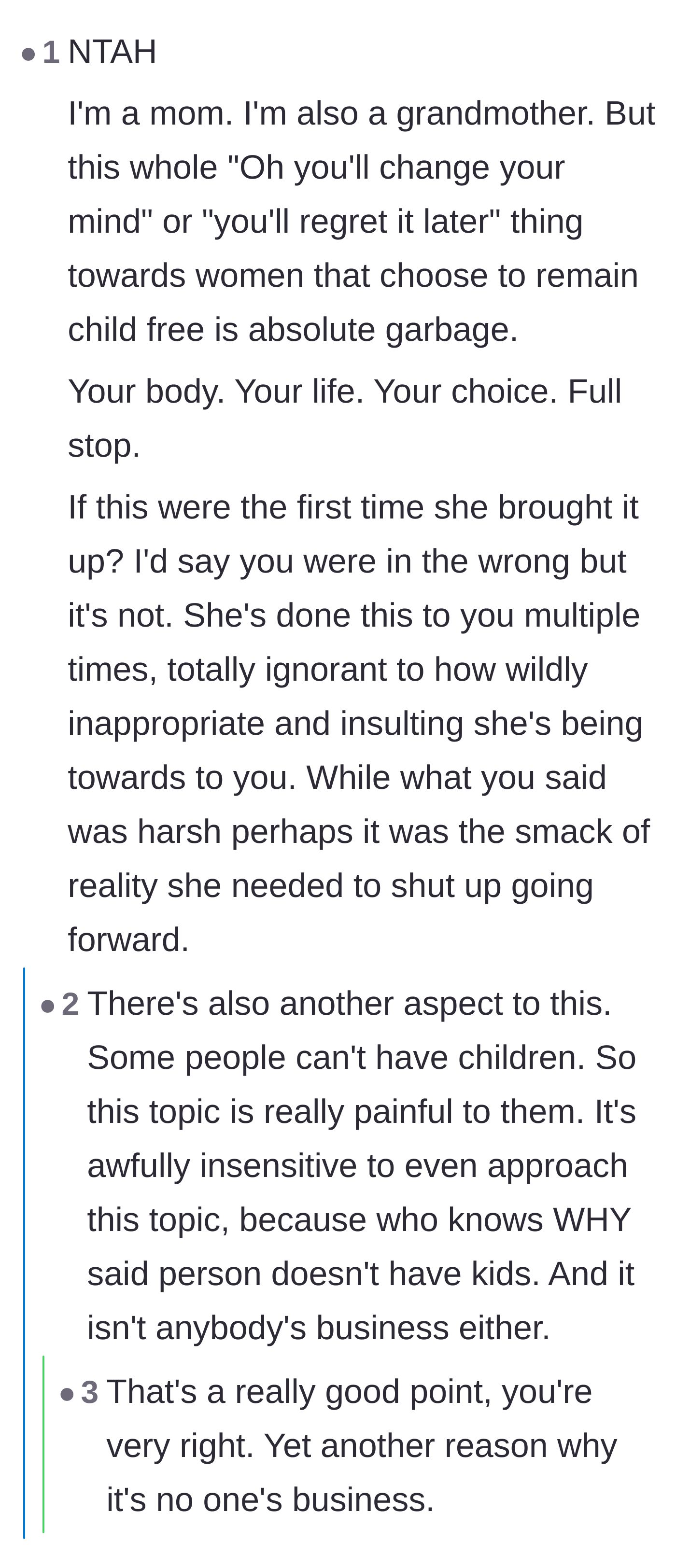 Comment thread 4 - A grandmother validating the childfree choice and pointing out the insensitivity toward those with invisible fertility struggles.