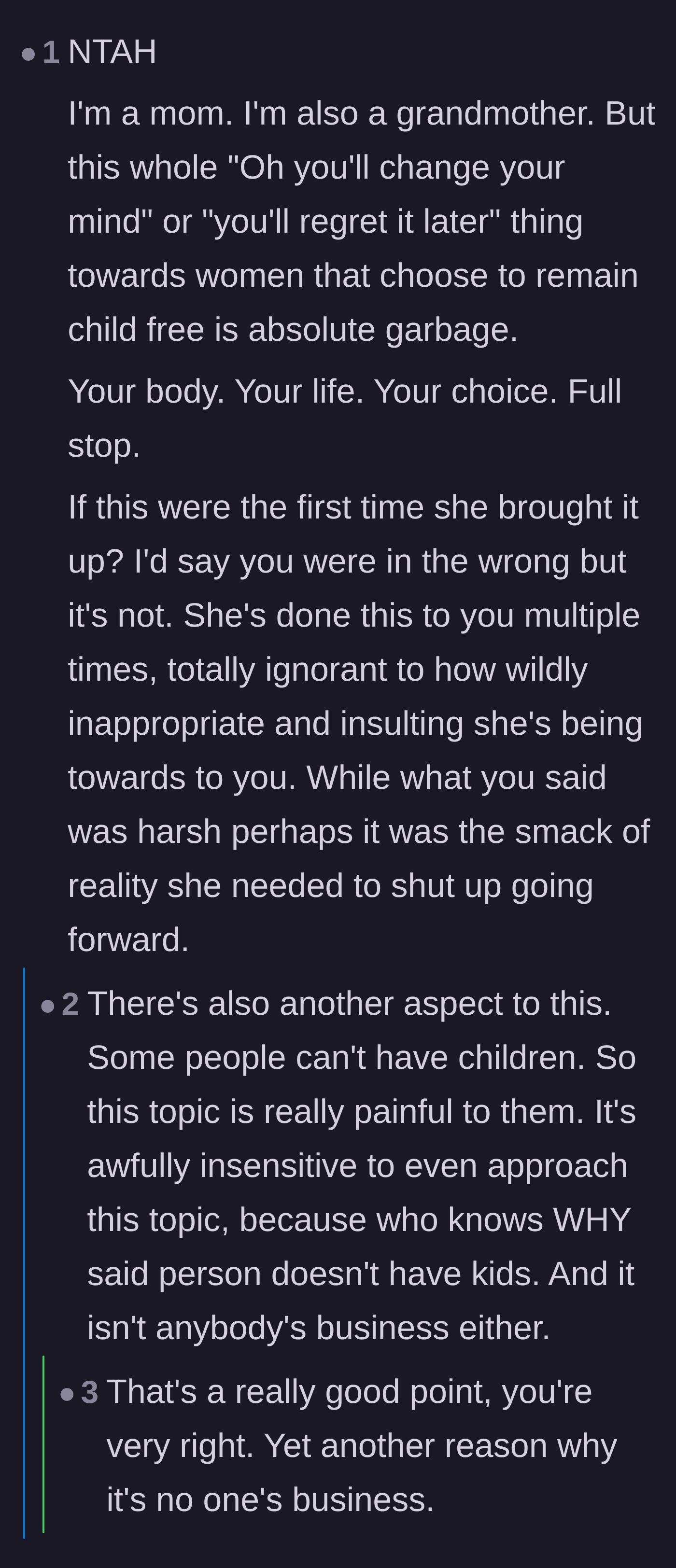 Comment thread 4 - A grandmother validating the childfree choice and pointing out the insensitivity toward those with invisible fertility struggles.