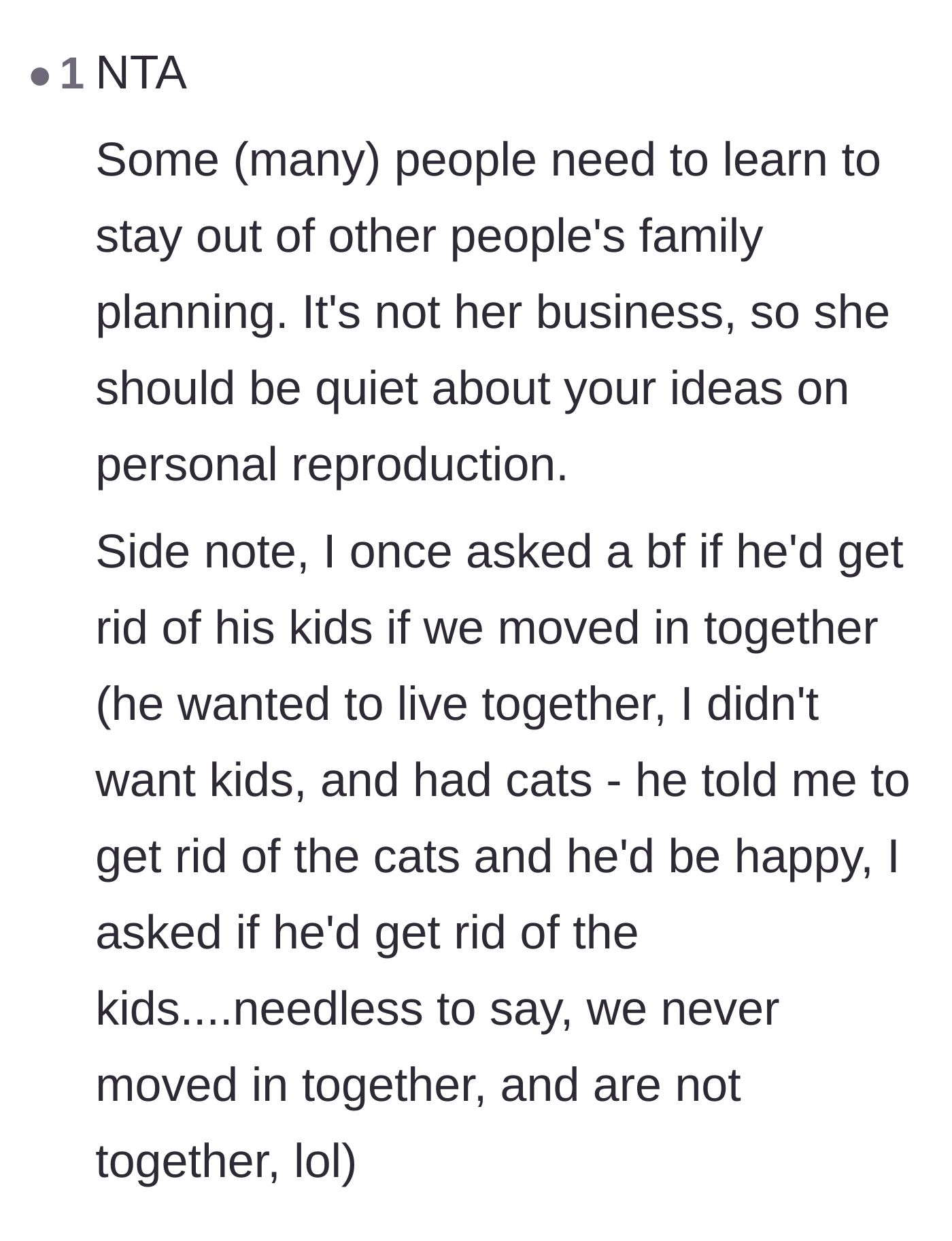 Comment thread 5 - A commenter shares a story of applying the main character's exact logic to an ex-boyfriend who hated cats.