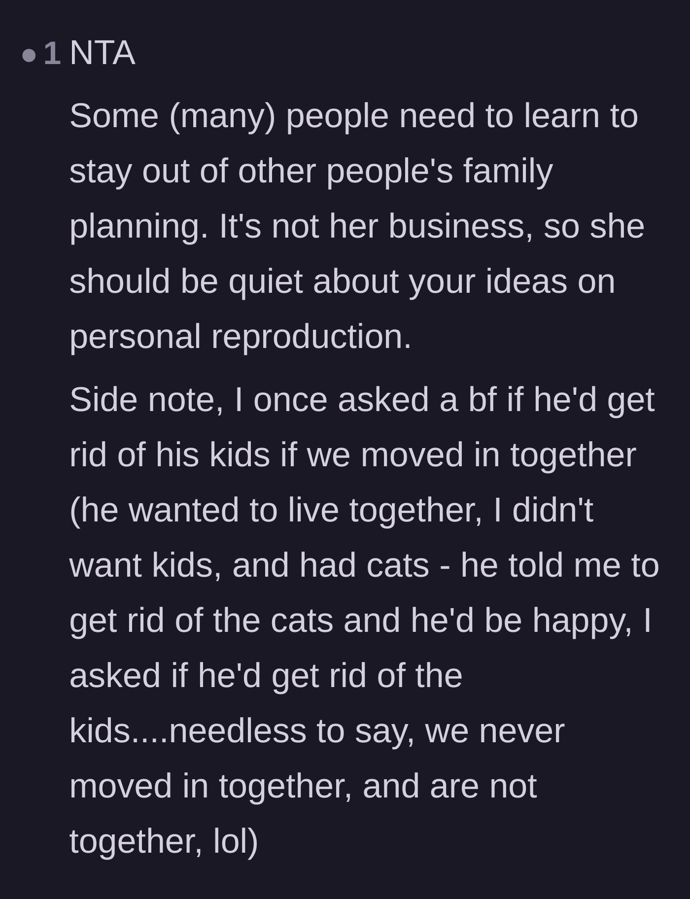 Comment thread 5 - A commenter shares a story of applying the main character's exact logic to an ex-boyfriend who hated cats.