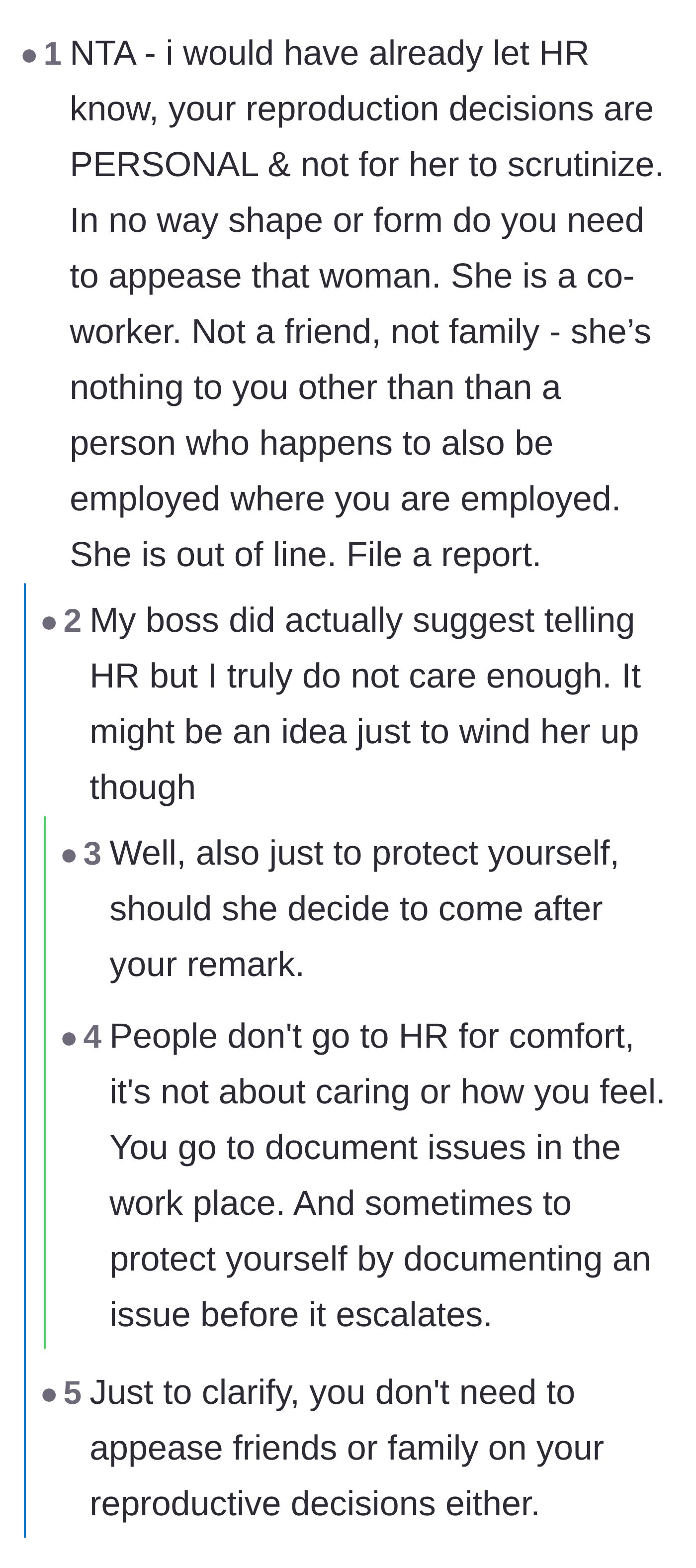 Comment thread 6 - Debate on whether to involve HR to build a protective paper trail against the coworker.