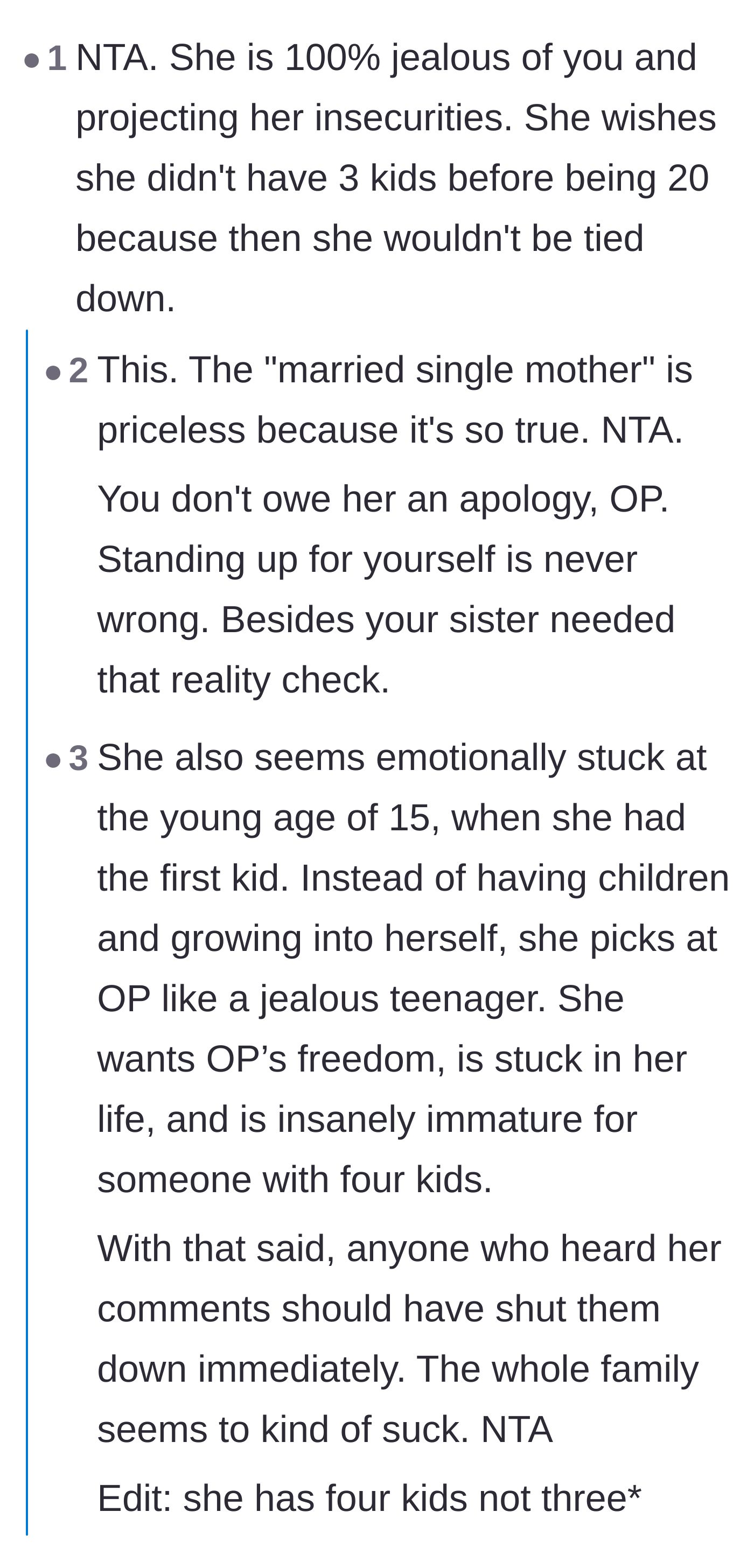 Comment thread 1 - Discussing how the sister's emotional development stunted at fifteen and her deep-seated projection.