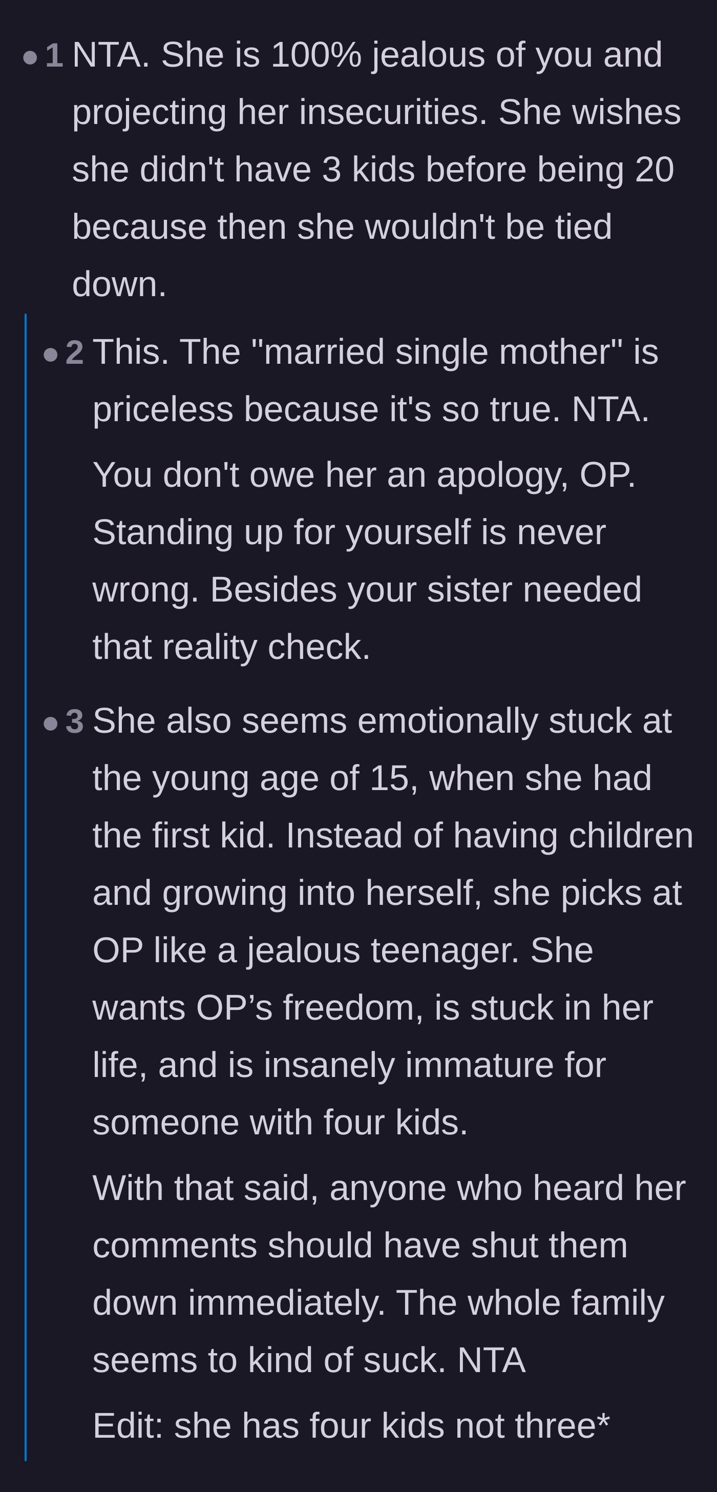 Comment thread 1 - Discussing how the sister's emotional development stunted at fifteen and her deep-seated projection.