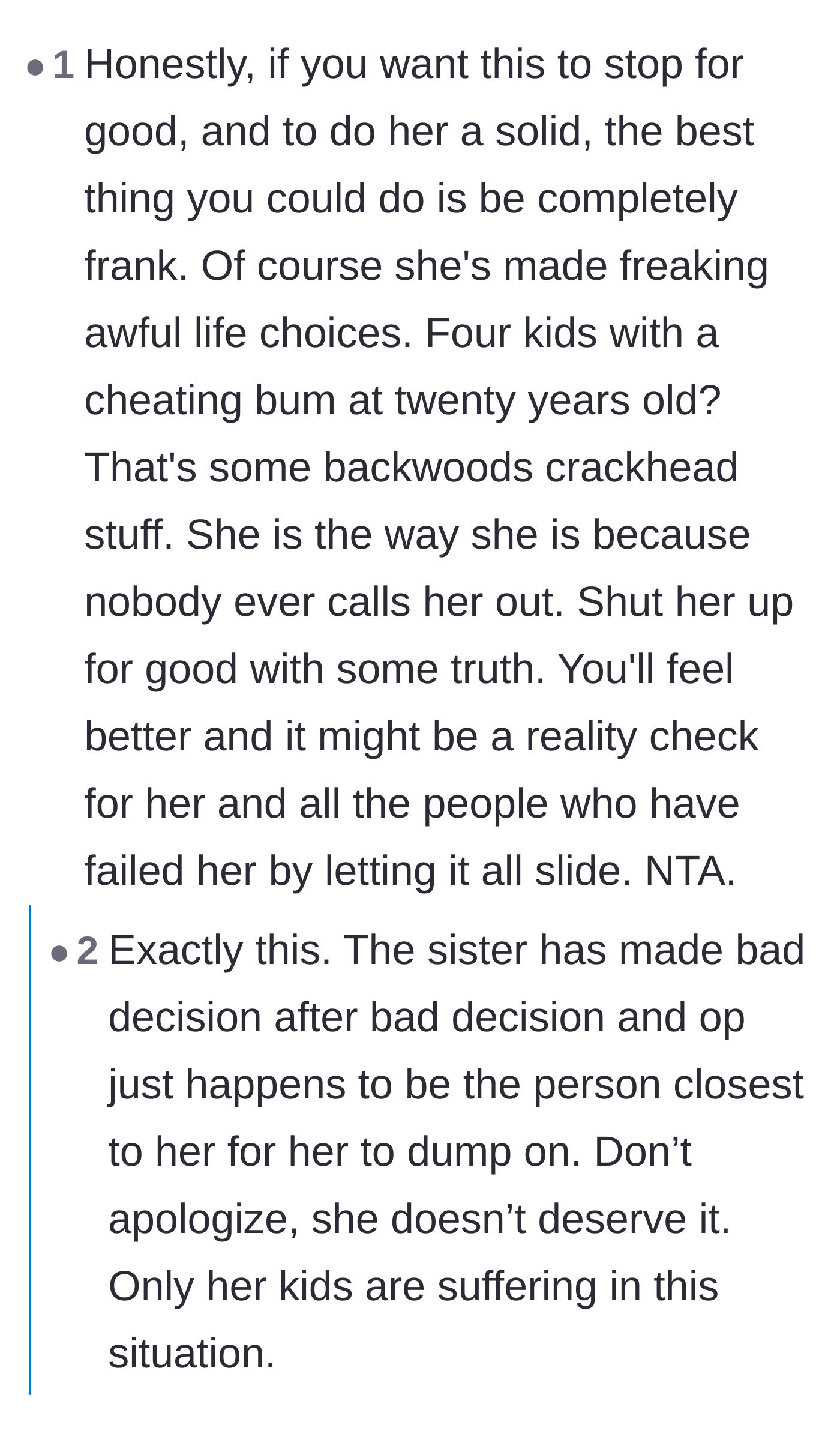 Comment thread 3 - Debating whether dropping the brutal truth will serve as a wake-up call or just create more family drama.