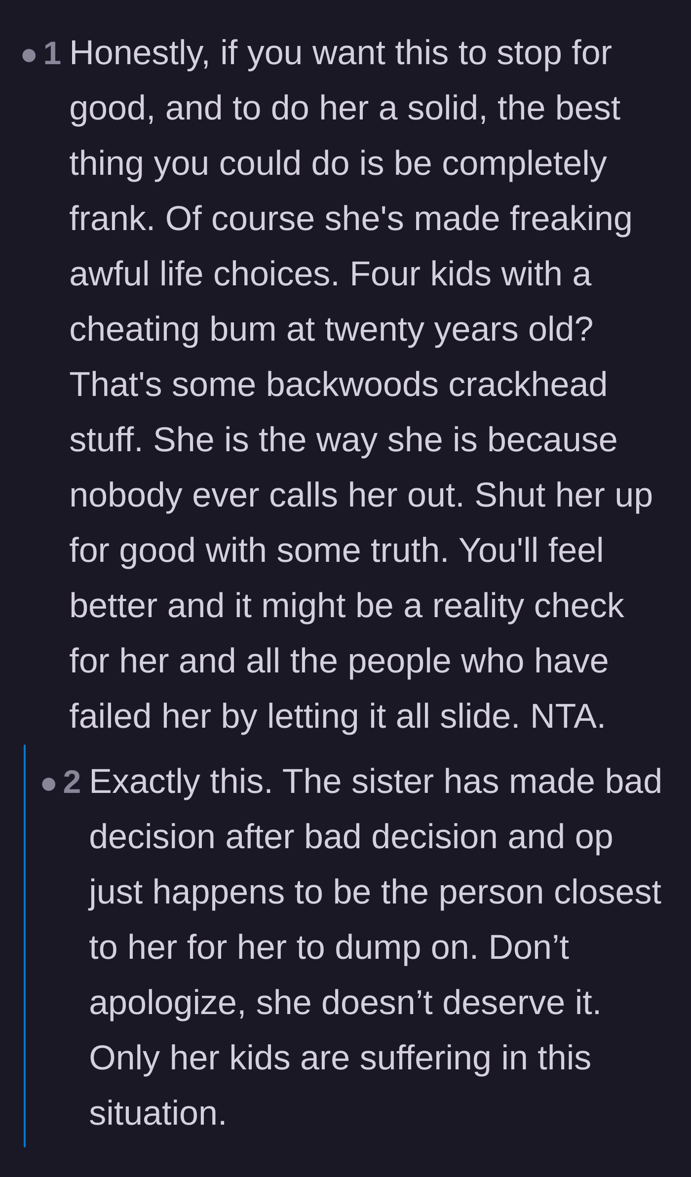 Comment thread 3 - Debating whether dropping the brutal truth will serve as a wake-up call or just create more family drama.