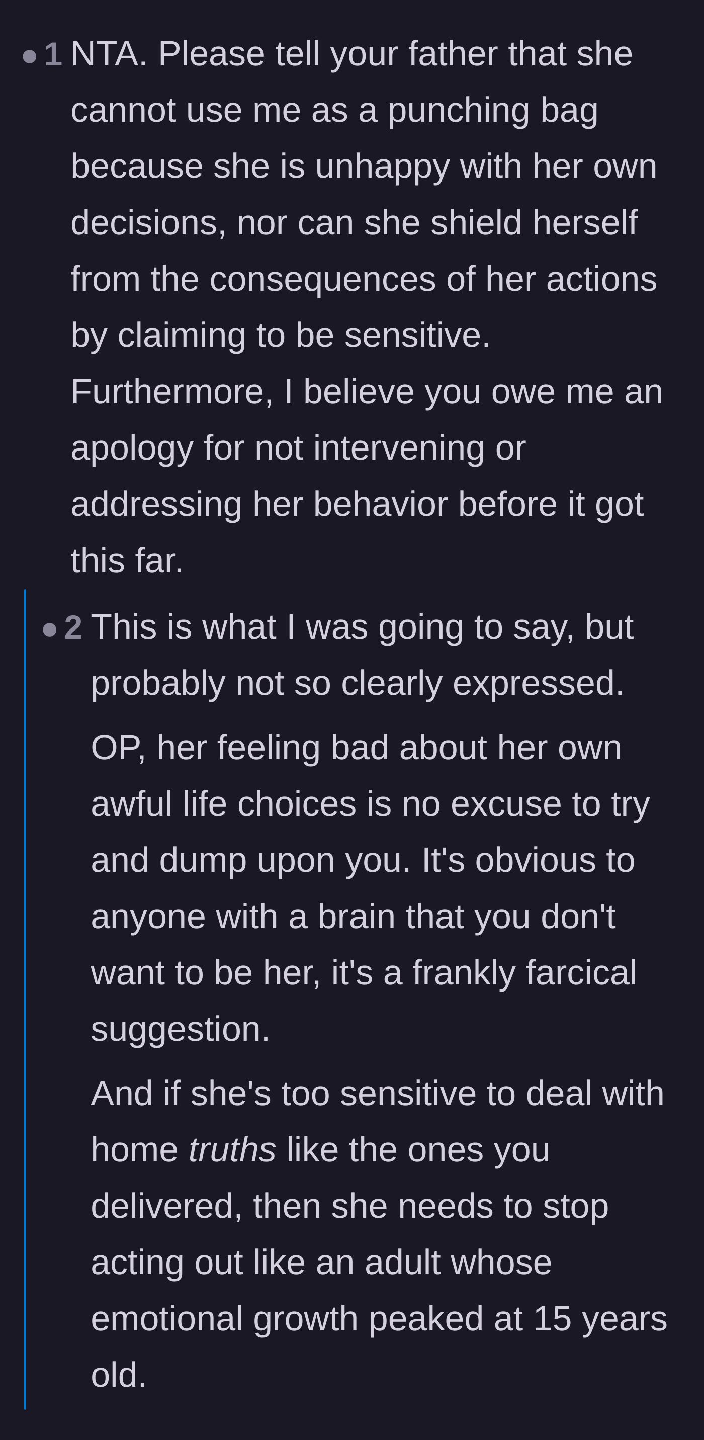 Comment thread 5 - Advice on holding the father accountable for his failure to intervene and his demand for an apology.