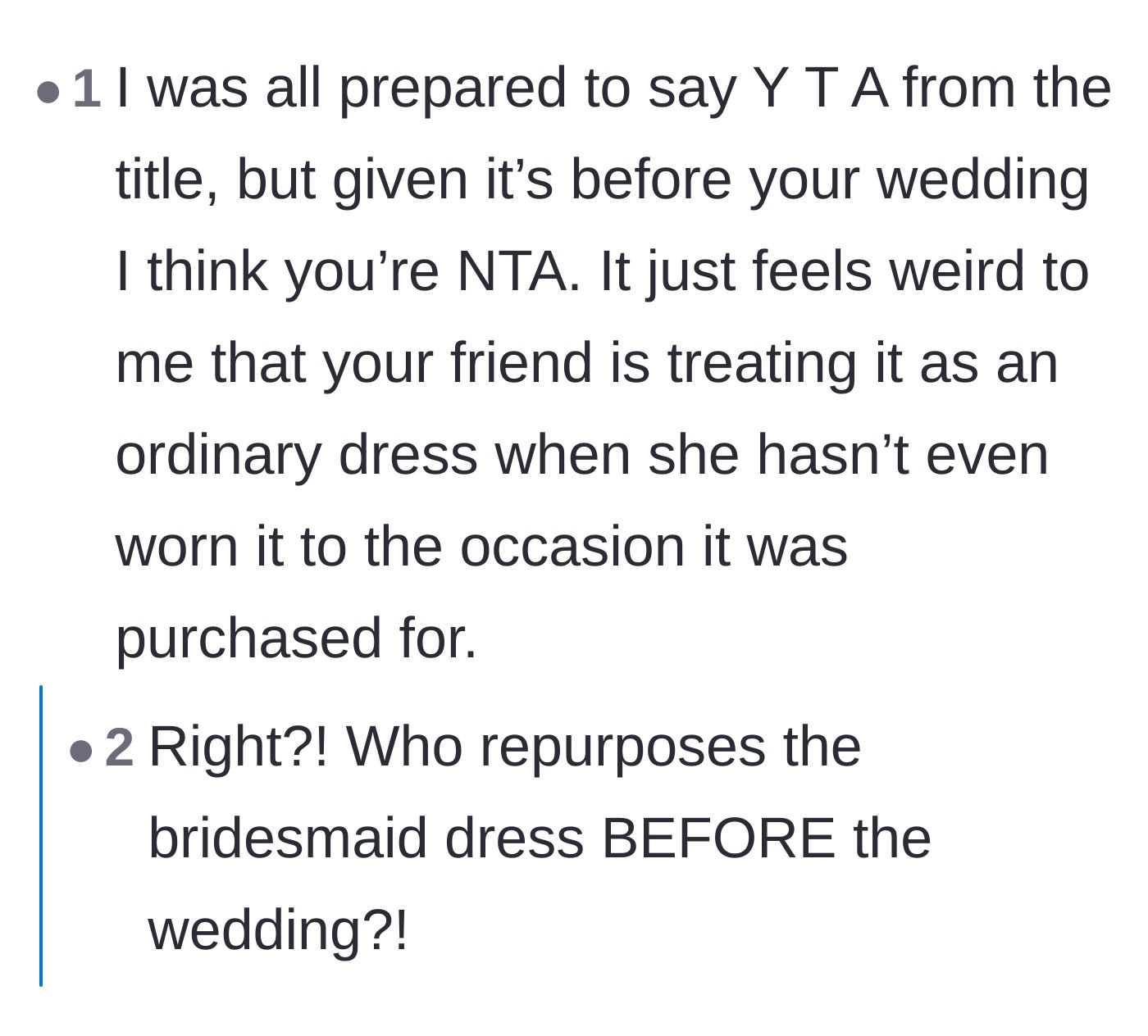 Comment thread 1 - Readers debating the bizarre choice of wearing a dress before its intended event and coining the term 'prepurposing.'