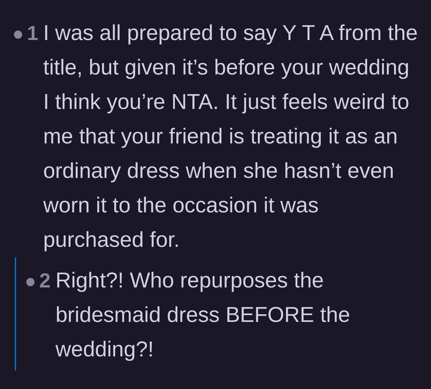 Comment thread 1 - Readers debating the bizarre choice of wearing a dress before its intended event and coining the term 'prepurposing.'