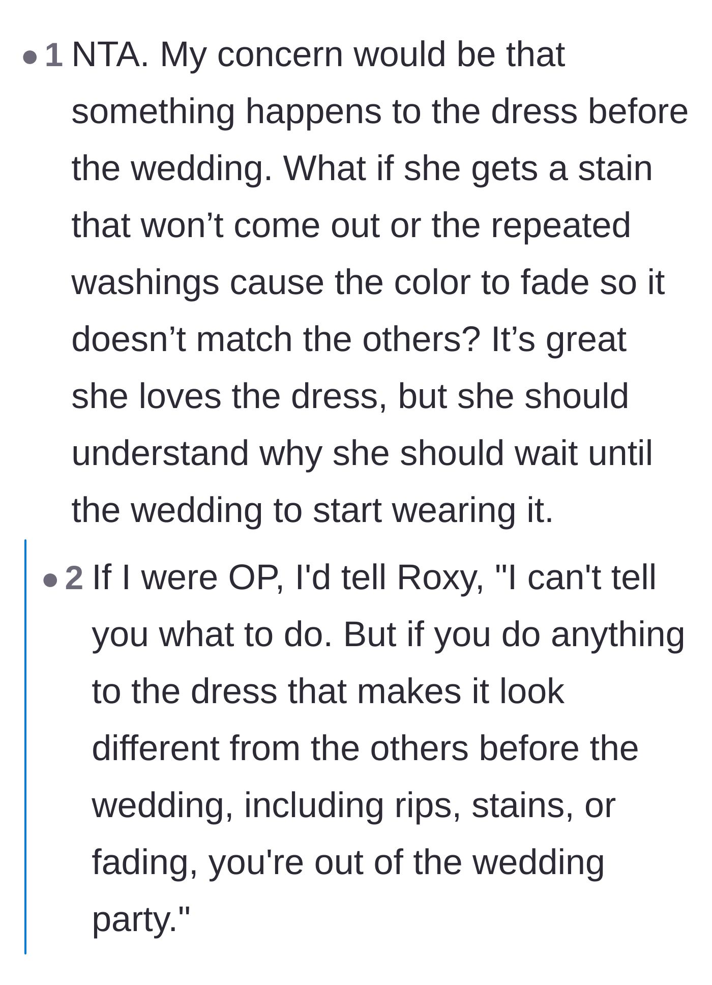 Comment thread 3 - Commenters pointing out the massive risk of irreparably staining or tearing a clearance dress before the wedding.