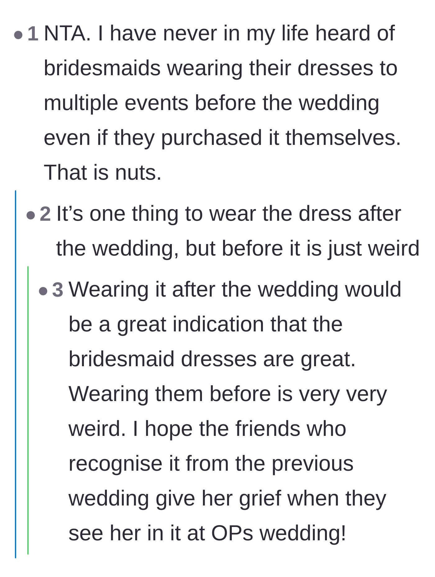Comment thread 5 - Disbelief from users who have never seen a bridesmaid wear their dress to another event before the wedding.