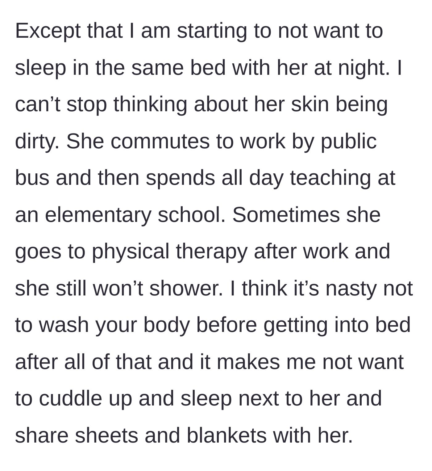 Story part 2 - The boyfriend's growing fixation on the germs from her teaching job, the bus, and physical therapy.