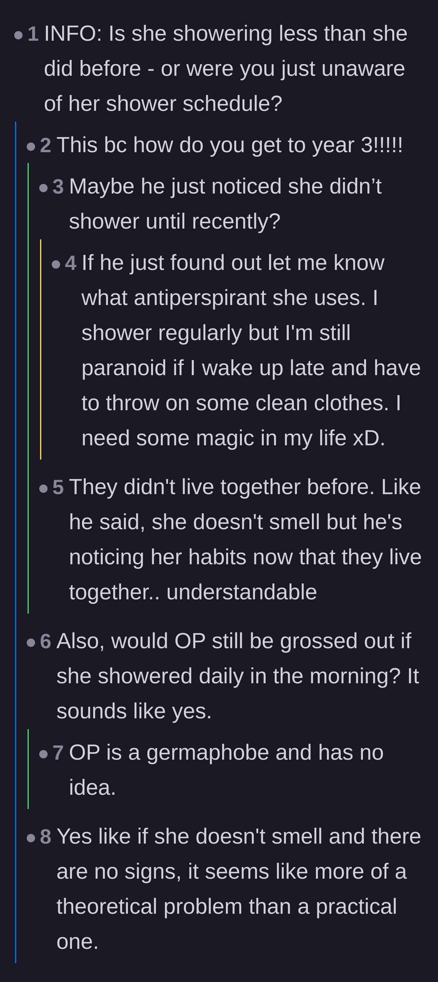 Comment thread 1 - Readers questioning how they survived three years without him noticing her shower schedule and debating if he's a germaphobe.