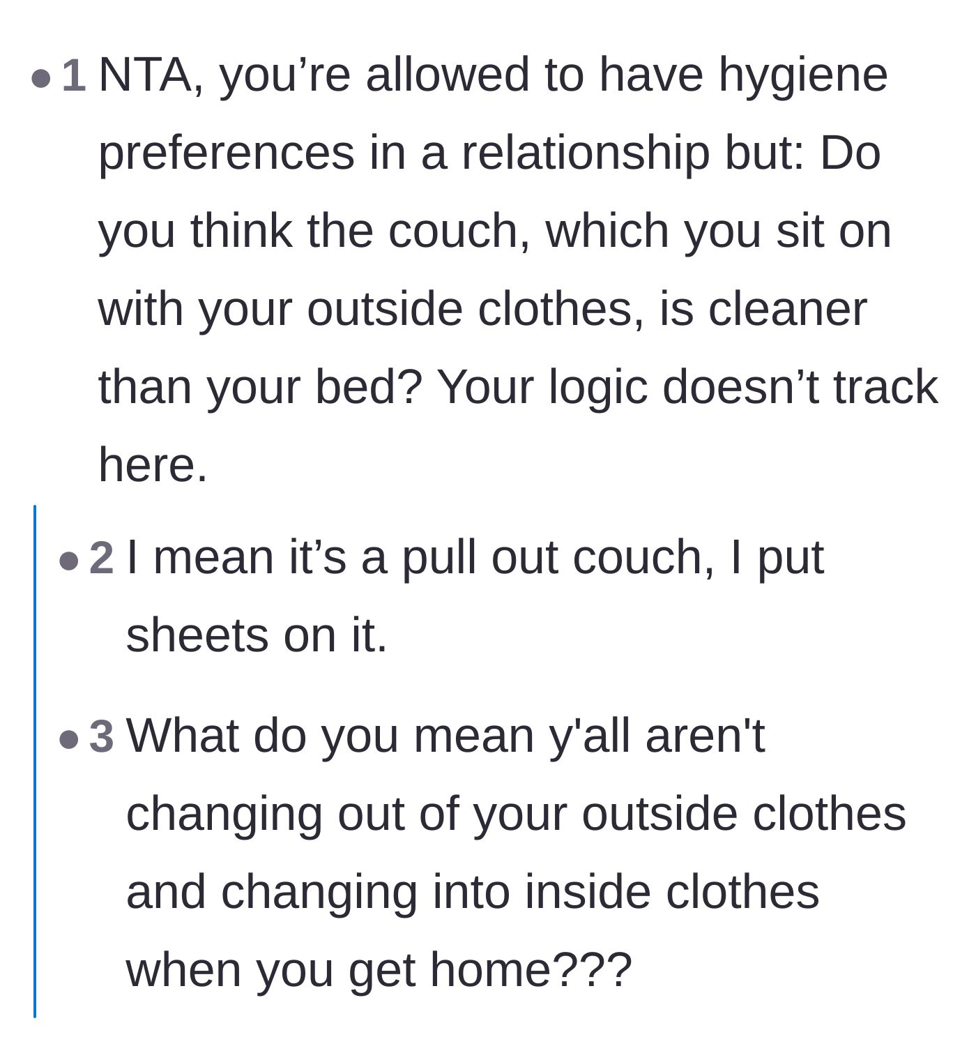 Comment thread 3 - Readers pointing out the flawed logic of sleeping on a couch that sees daily outside clothes.