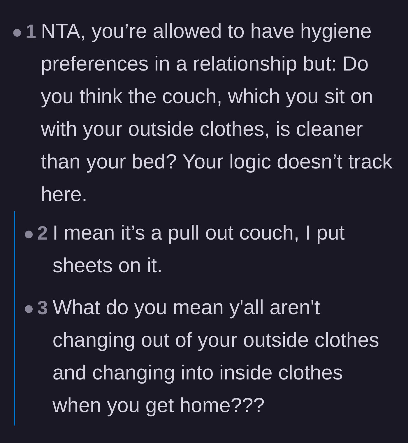 Comment thread 3 - Readers pointing out the flawed logic of sleeping on a couch that sees daily outside clothes.