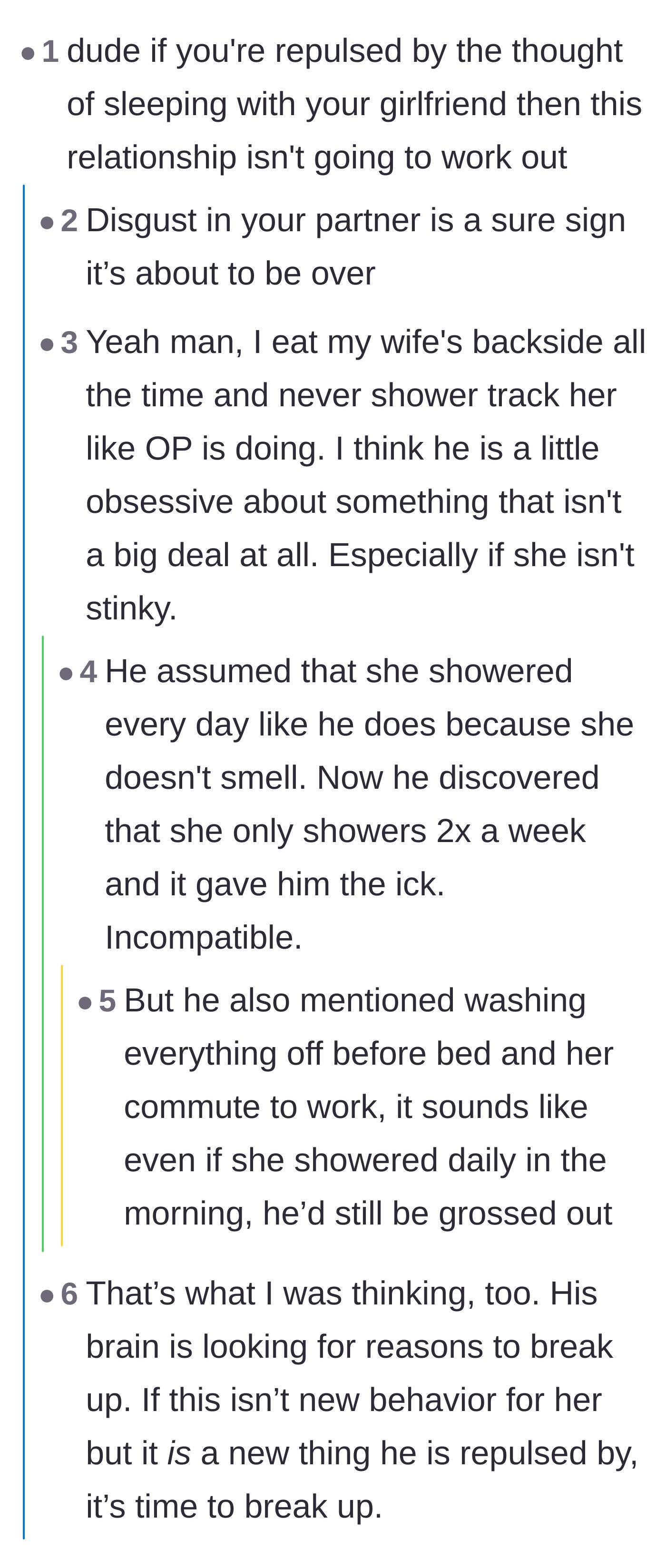 Comment thread 4 - A blunt discussion about how feeling physical disgust toward a partner usually means the relationship is doomed.
