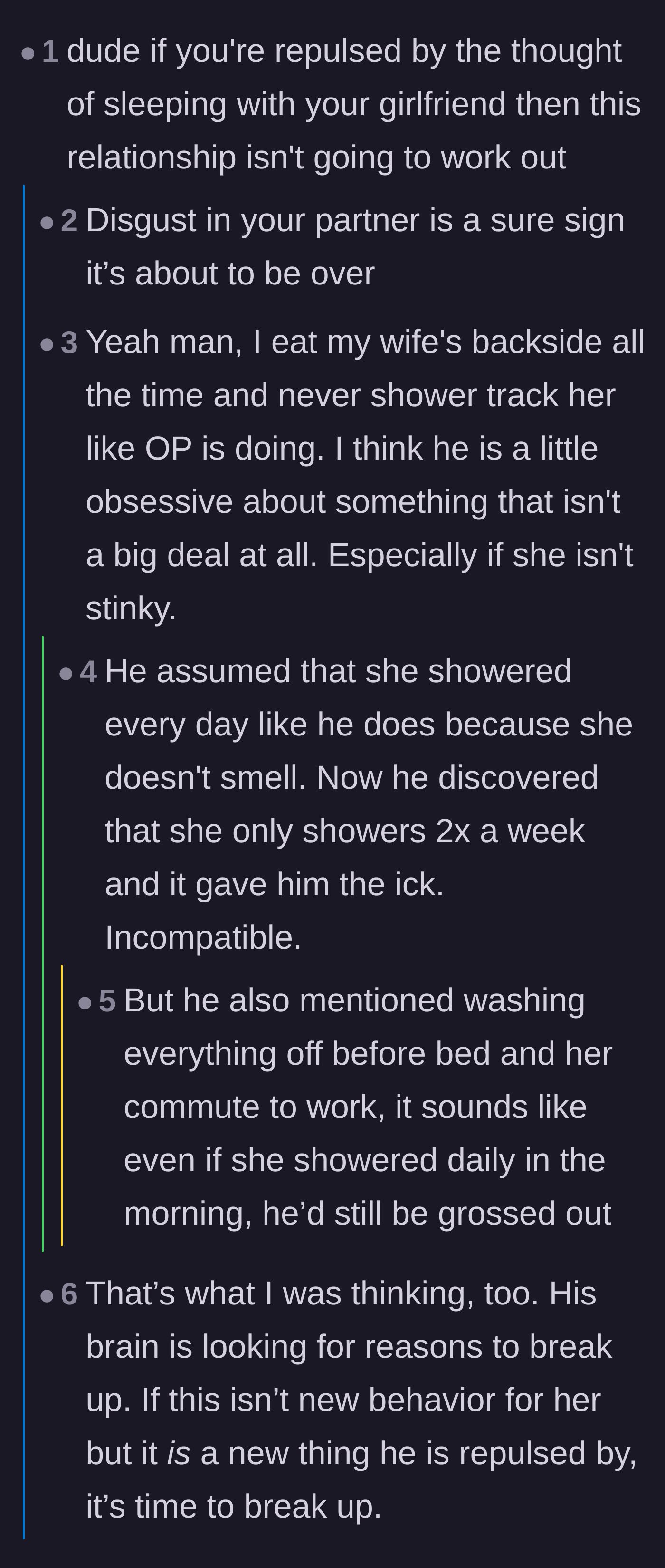 Comment thread 4 - A blunt discussion about how feeling physical disgust toward a partner usually means the relationship is doomed.
