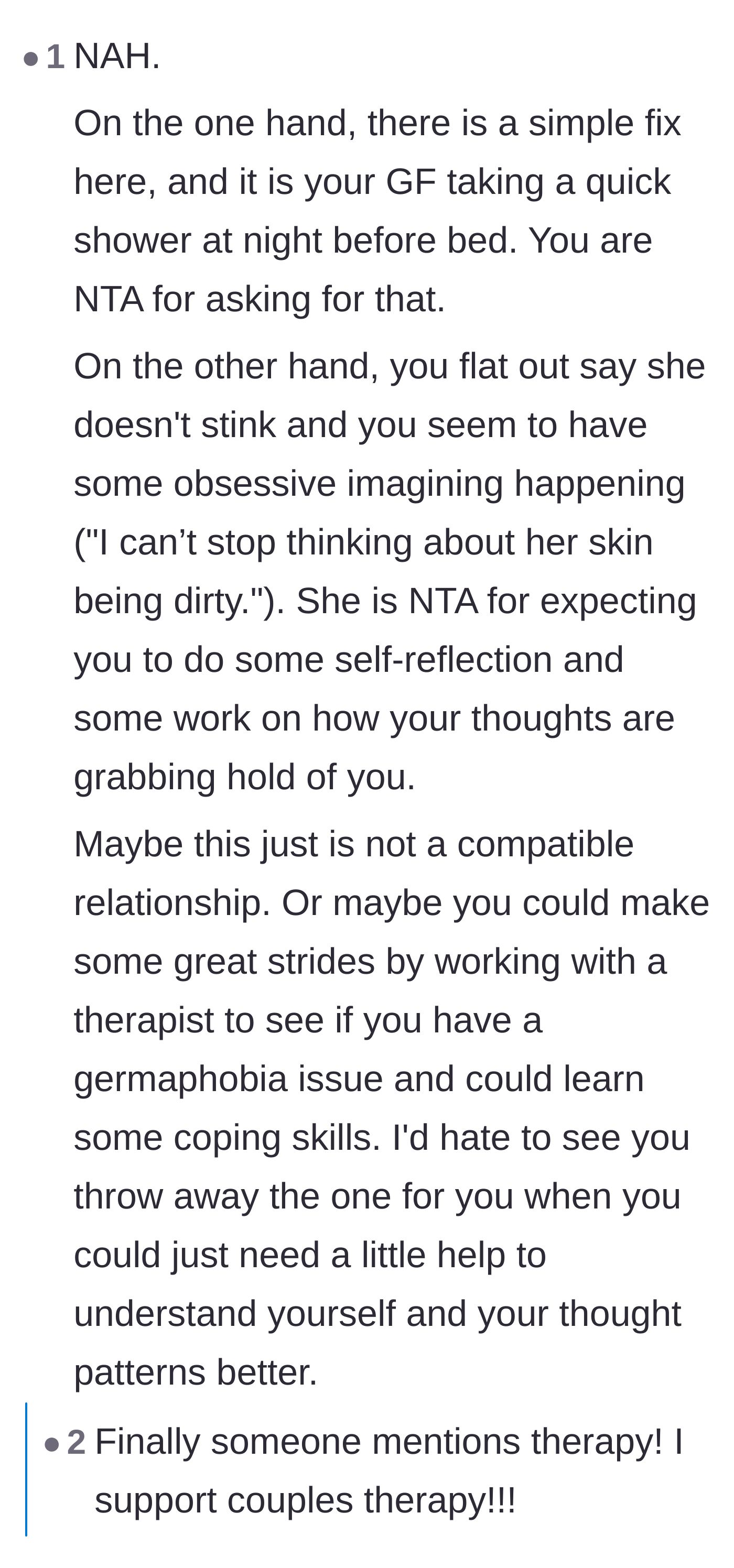 Comment thread 5 - Suggestions that the boyfriend needs therapy for his obsessive thoughts rather than forcing her to shower.