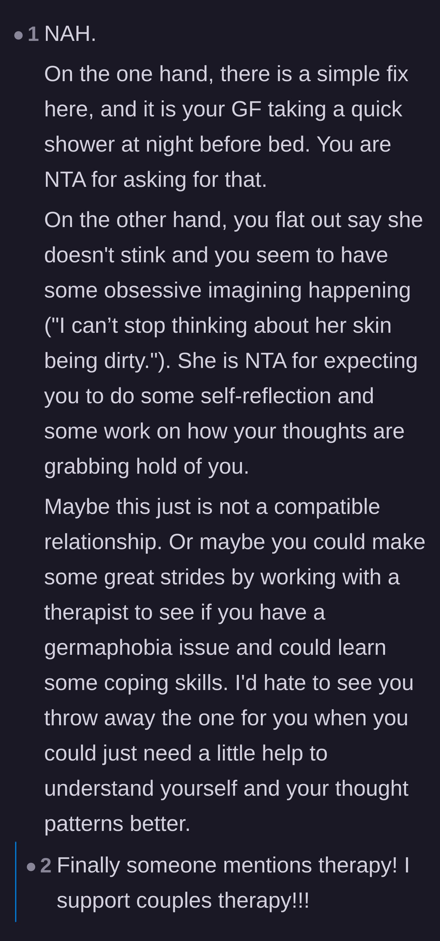 Comment thread 5 - Suggestions that the boyfriend needs therapy for his obsessive thoughts rather than forcing her to shower.