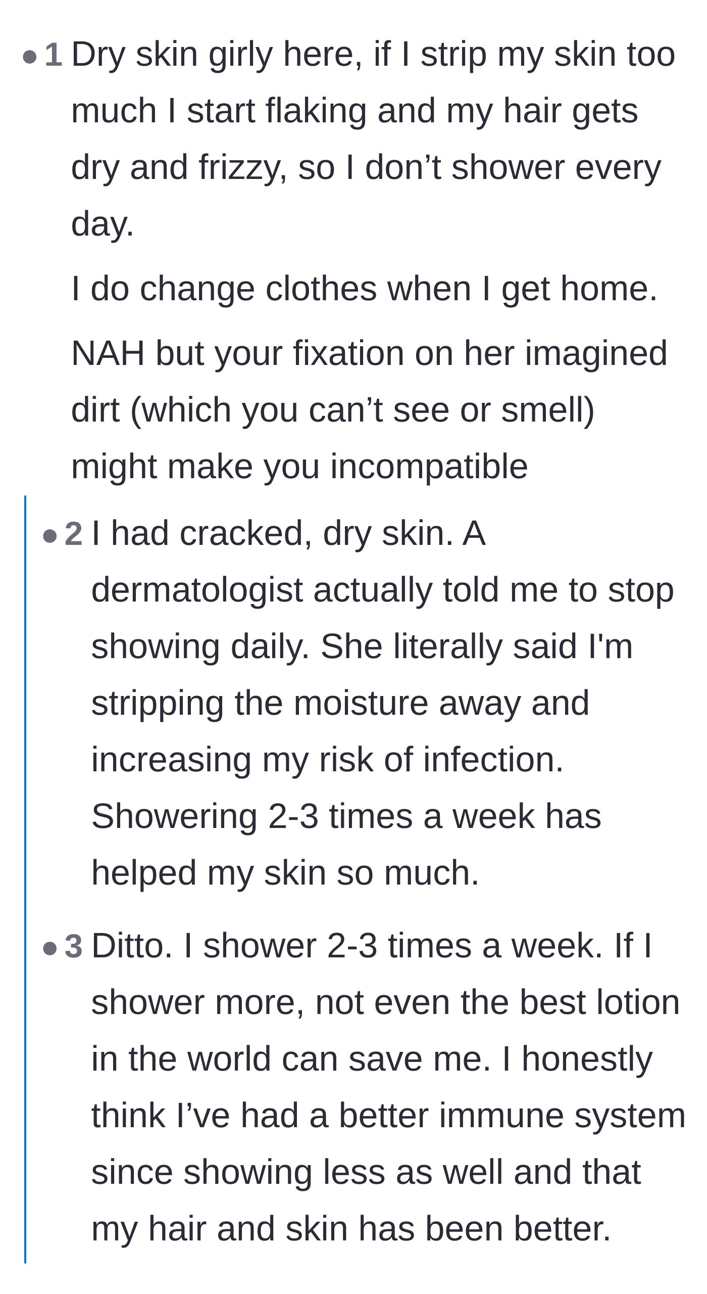 Comment thread 6 - People with dry skin and dermatology knowledge defending the girlfriend's less frequent shower schedule.