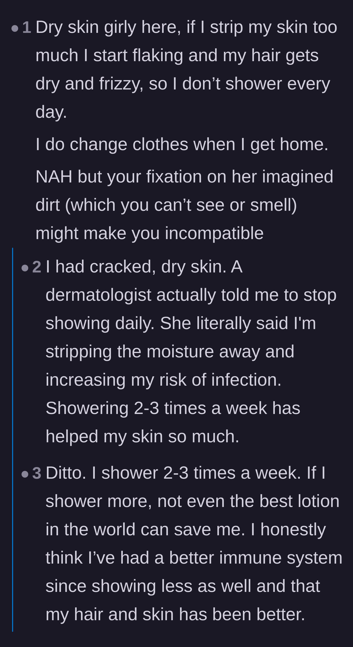 Comment thread 6 - People with dry skin and dermatology knowledge defending the girlfriend's less frequent shower schedule.