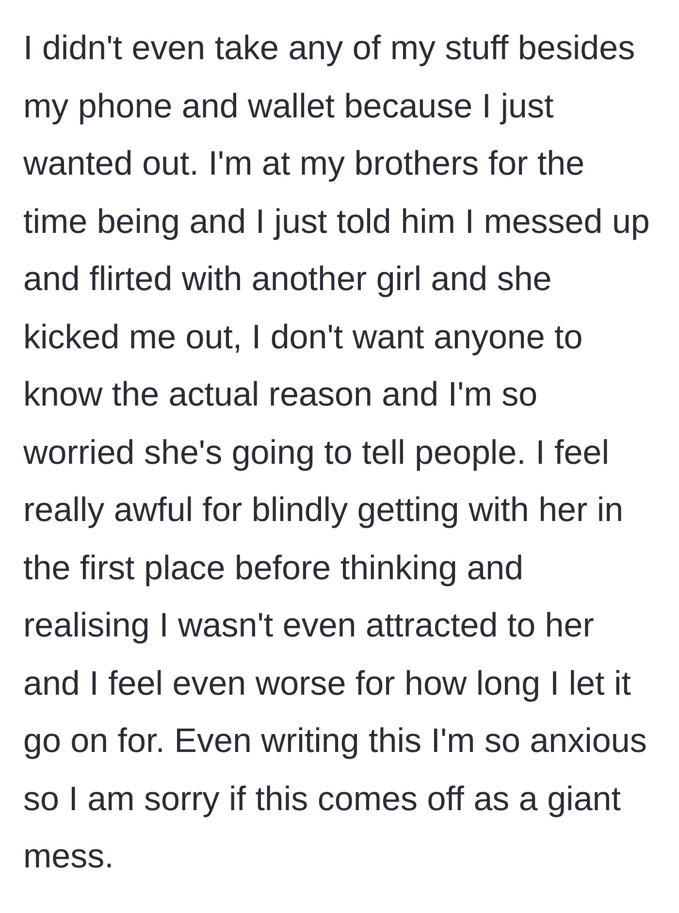 Story part 5 - The young man hiding out at his brother's house with nothing but his phone and wallet, consumed by guilt and terrified his ex will out him to everyone.