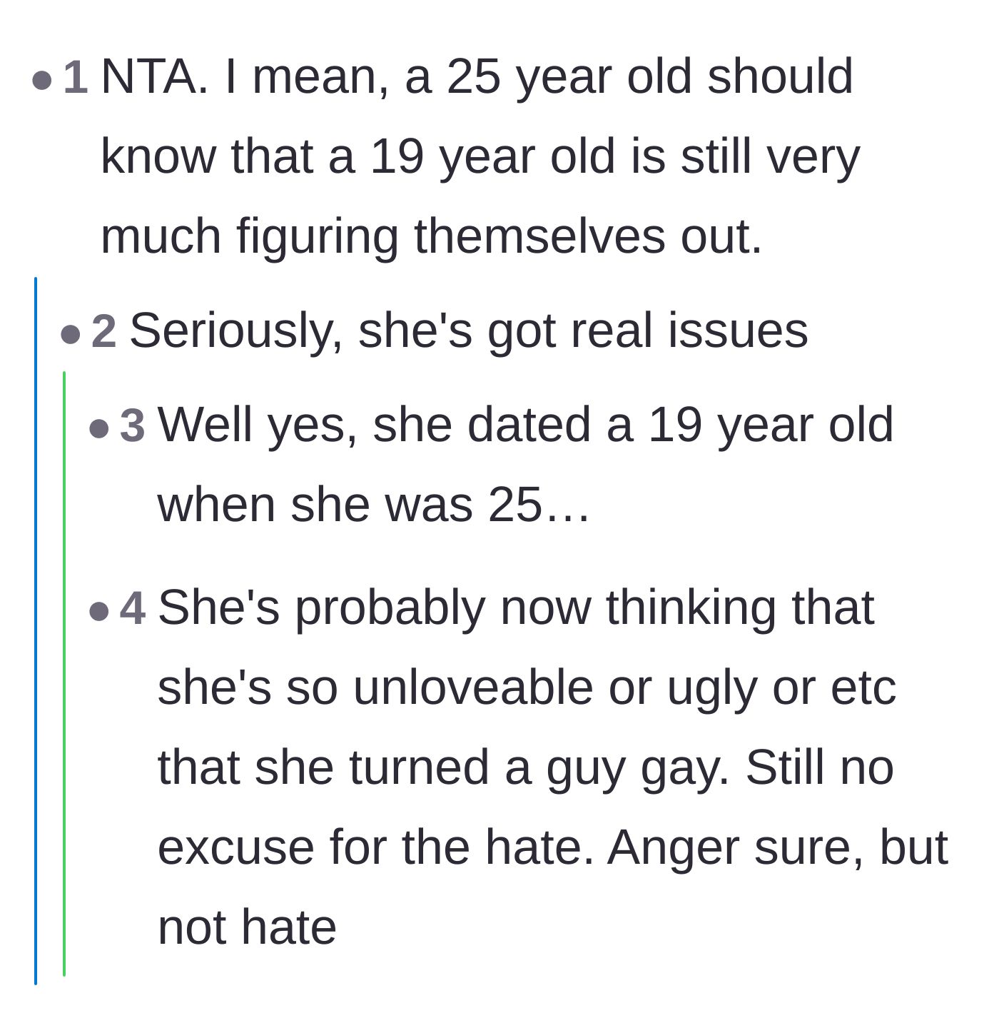 Comment thread 1 - Readers discussing the concerning age gap when the couple first met and condemning the ex's use of slurs.