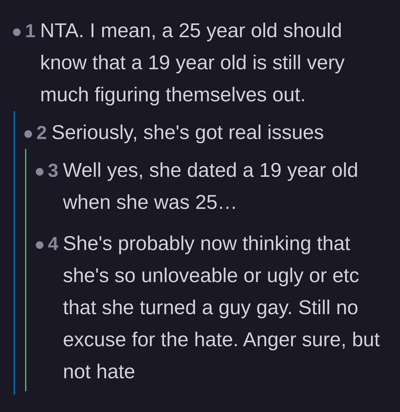 Comment thread 1 - Readers discussing the concerning age gap when the couple first met and condemning the ex's use of slurs.