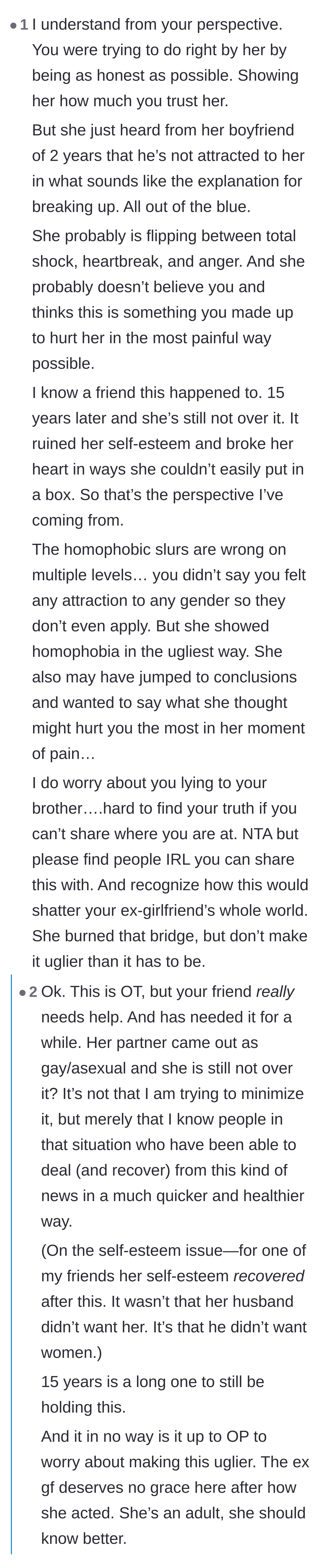Comment thread 3 - A debate about the girlfriend's initial shock and whether holding onto heartbreak for years is an excuse for bad behavior.