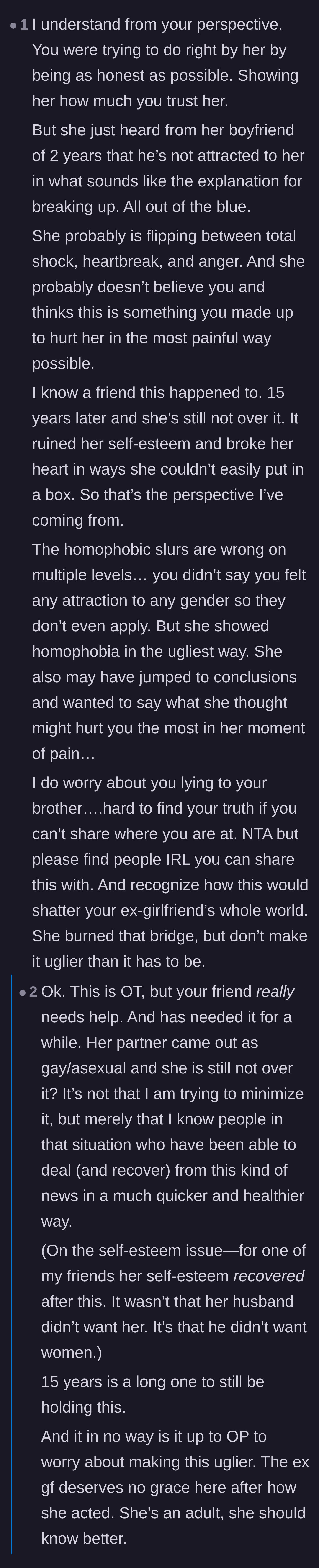 Comment thread 3 - A debate about the girlfriend's initial shock and whether holding onto heartbreak for years is an excuse for bad behavior.