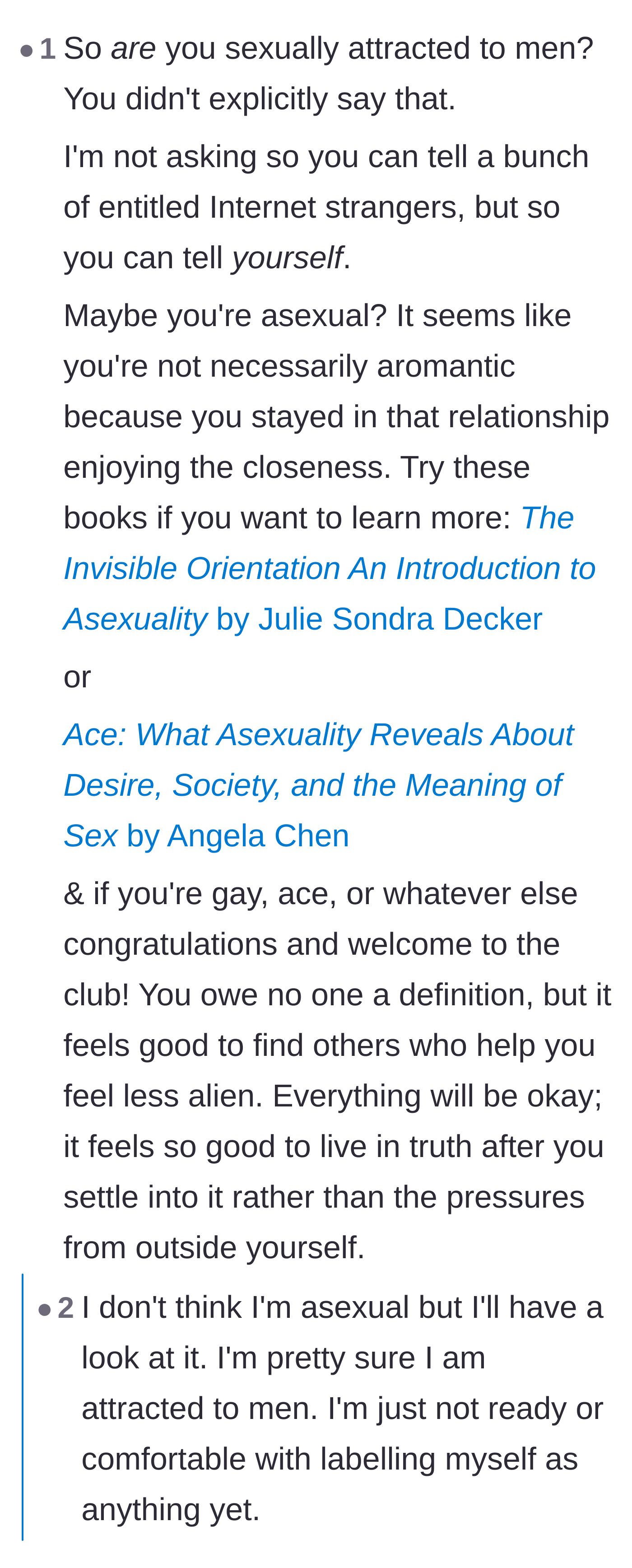 Comment thread 6 - Supportive readers offering resources on asexuality, and the author replying that he isn't ready for labels yet.
