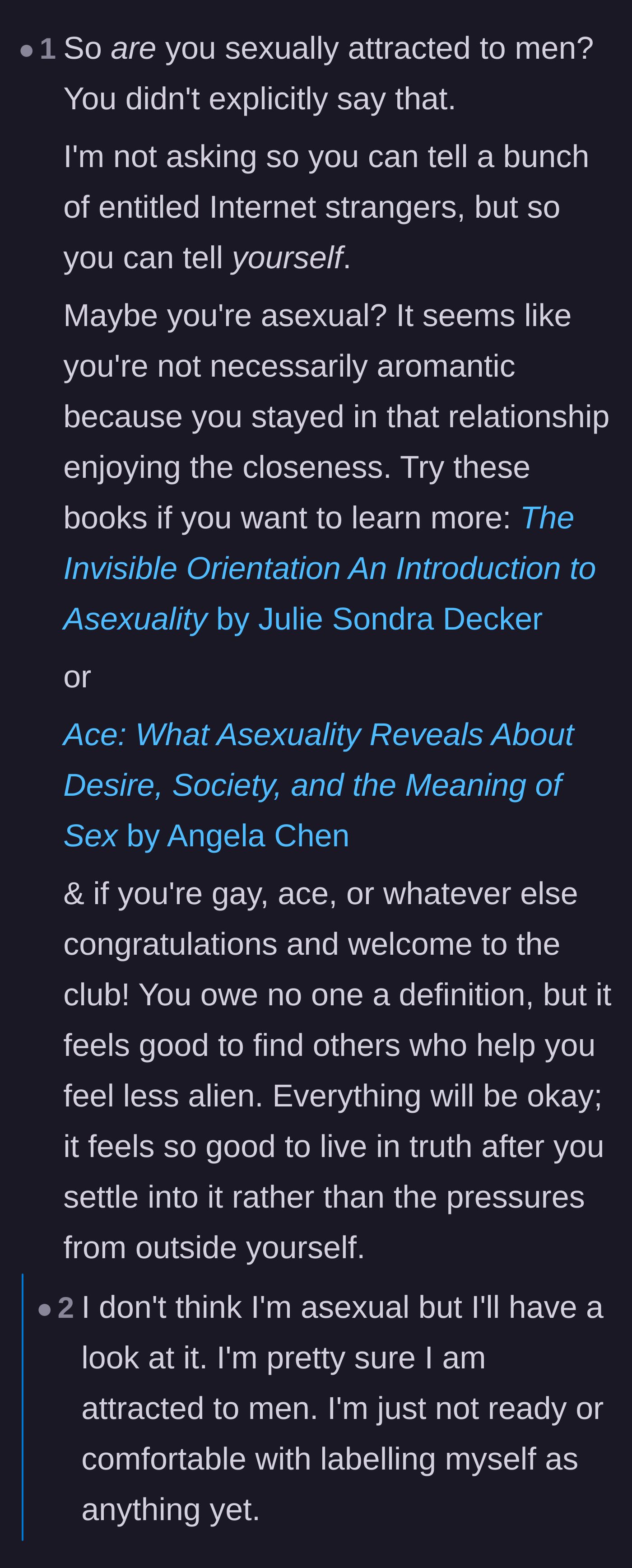 Comment thread 6 - Supportive readers offering resources on asexuality, and the author replying that he isn't ready for labels yet.