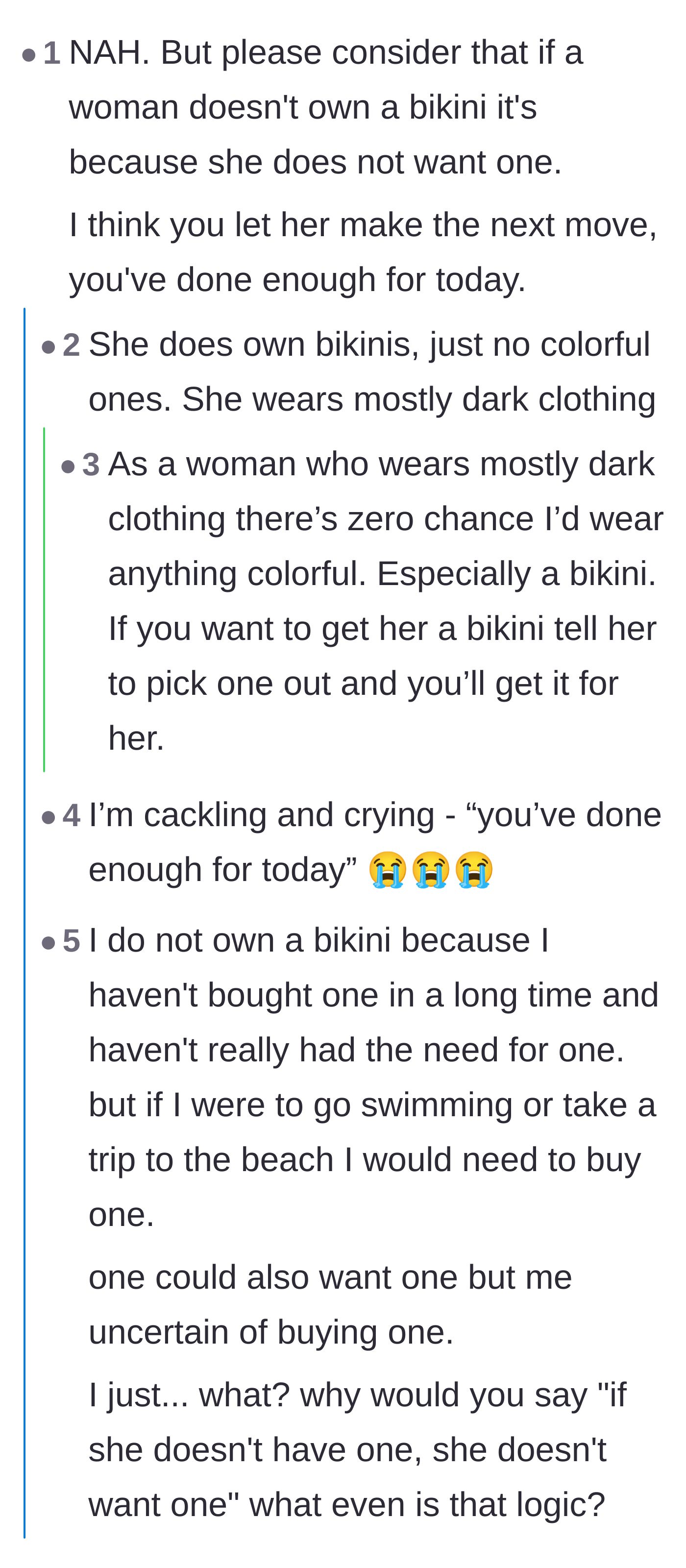 Comment thread 1 - Advice about letting the girlfriend dictate her own wardrobe and a massive debate on wearing bright colors