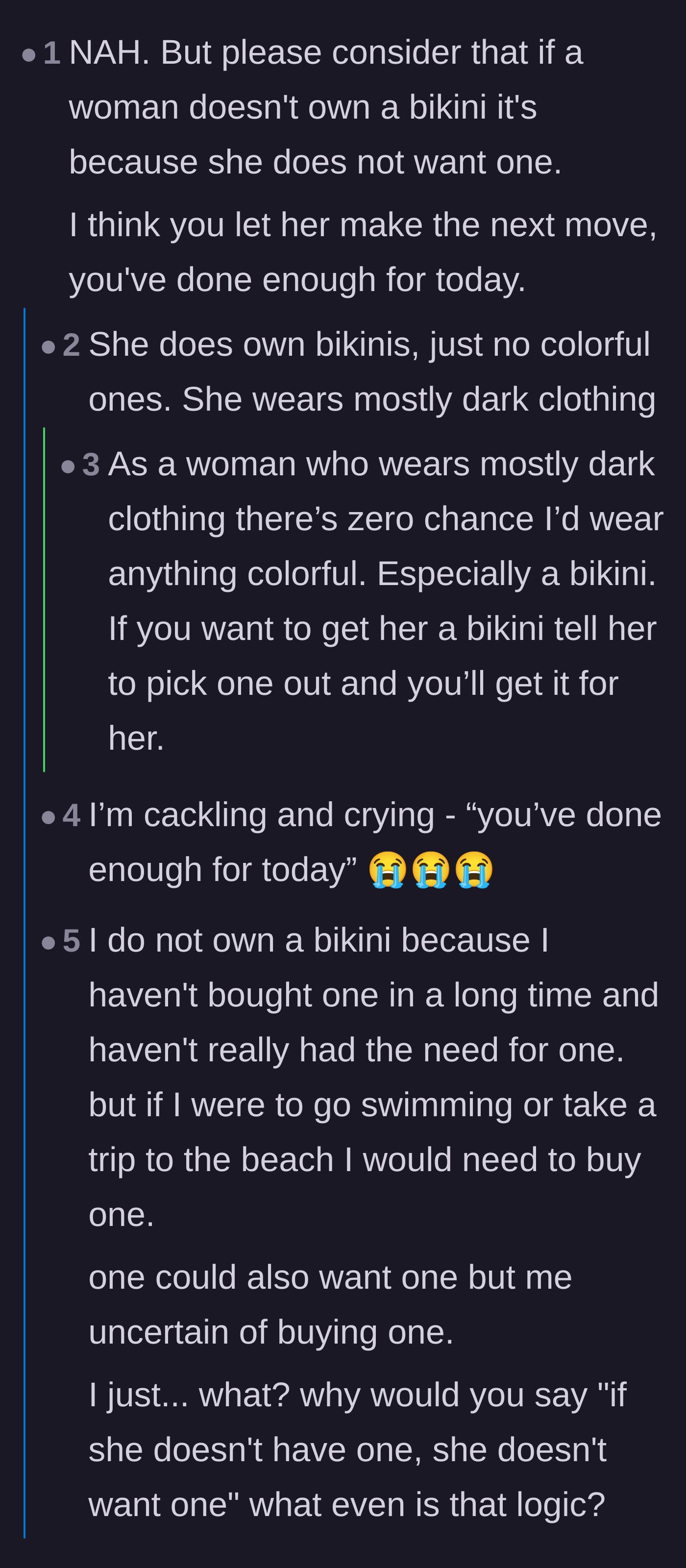 Comment thread 1 - Advice about letting the girlfriend dictate her own wardrobe and a massive debate on wearing bright colors