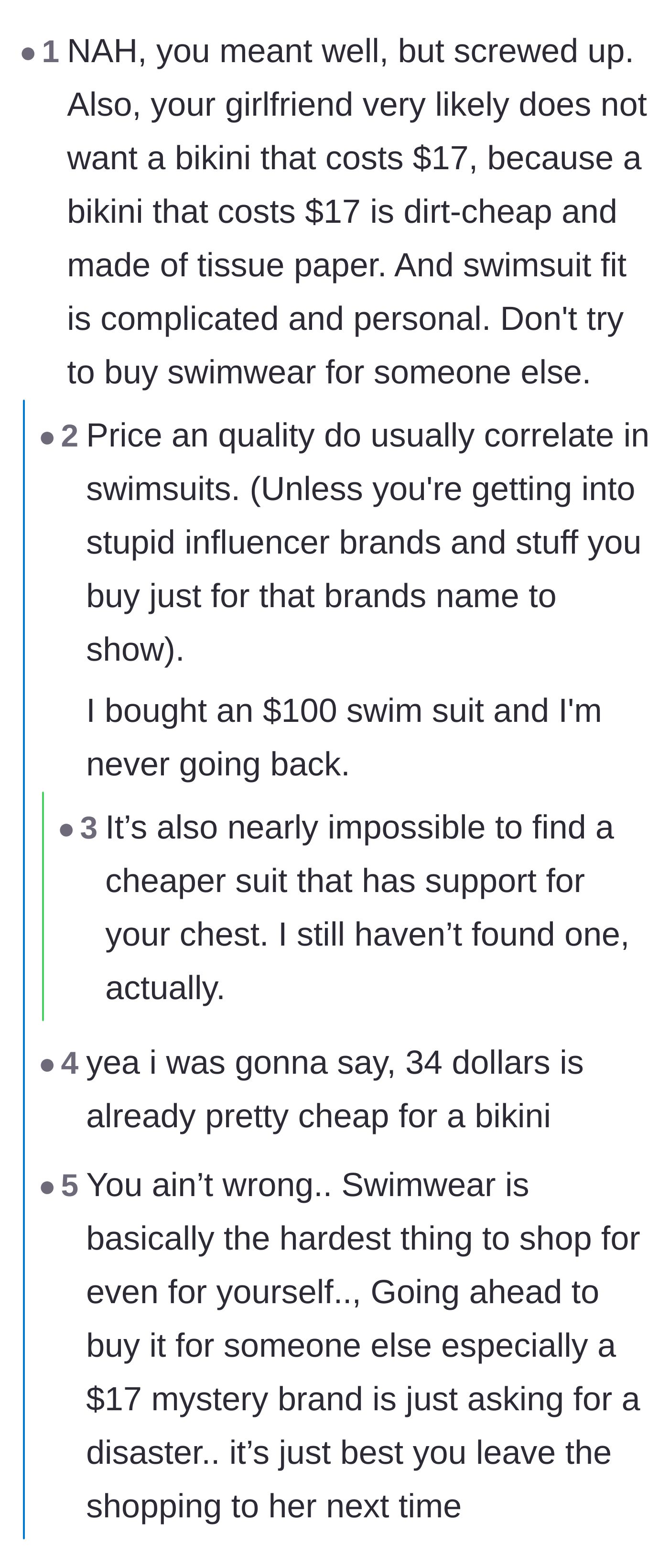 Comment thread 2 - Commenters explaining that a cheap swimsuit is usually made of tissue paper and advising him not to buy swimwear for someone else