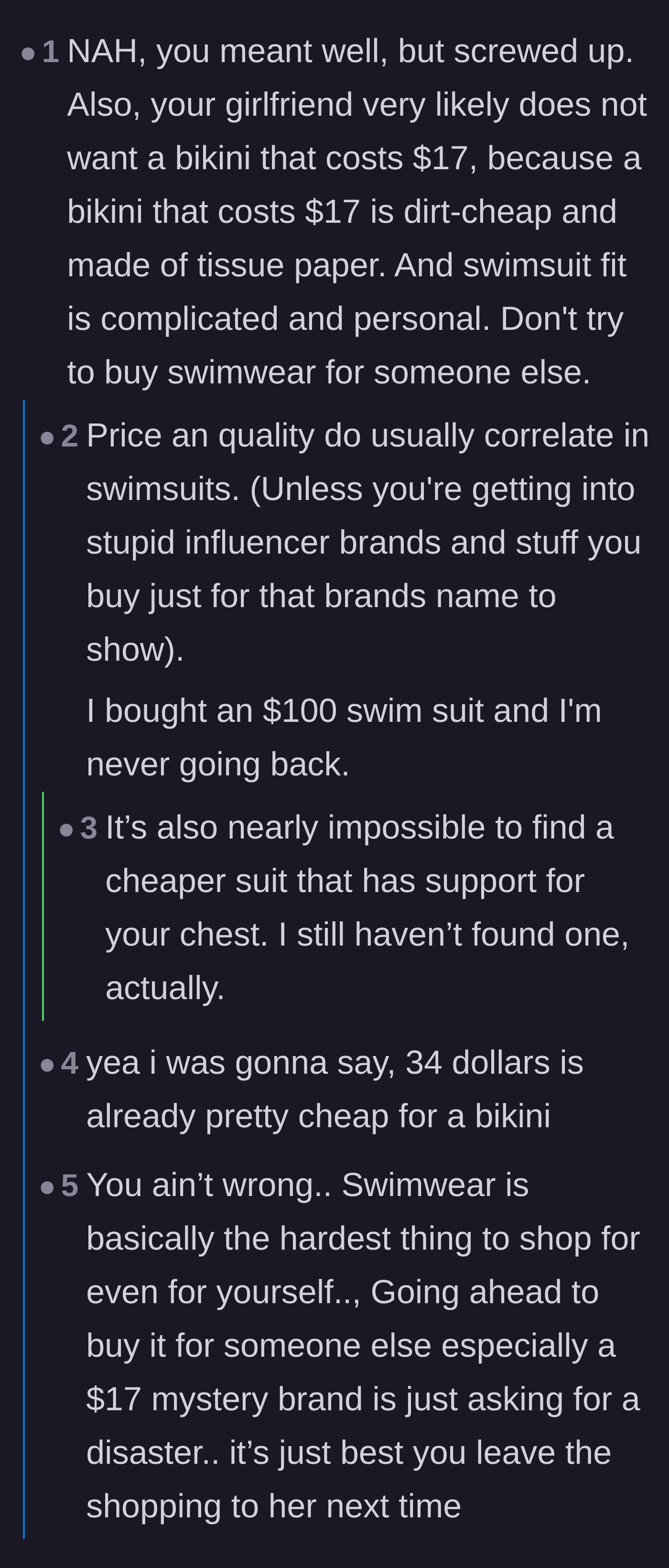 Comment thread 2 - Commenters explaining that a cheap swimsuit is usually made of tissue paper and advising him not to buy swimwear for someone else