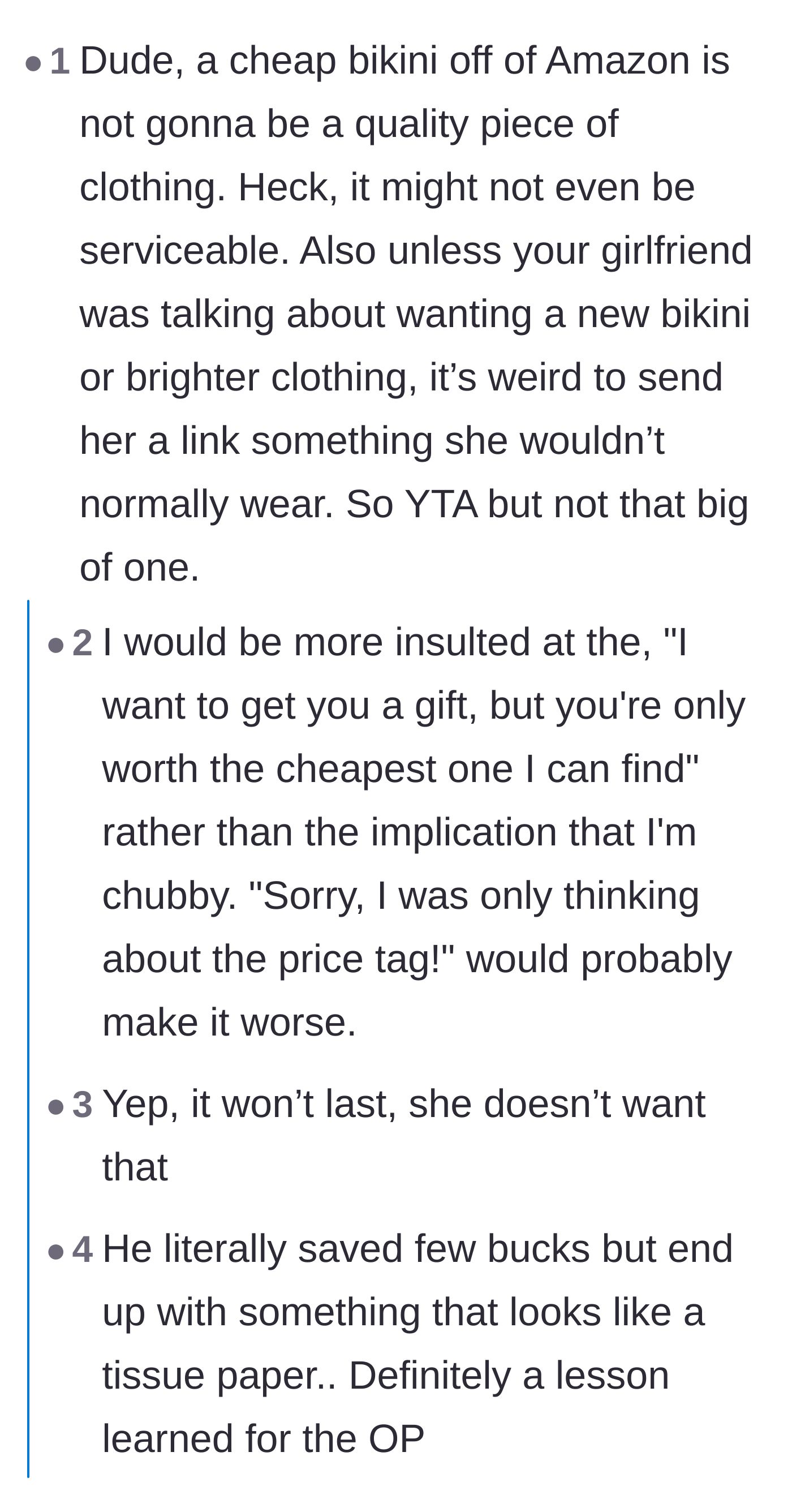 Comment thread 3 - Users pointing out that trying to buy the absolute cheapest gift sends a worse message than accidentally buying the wrong size