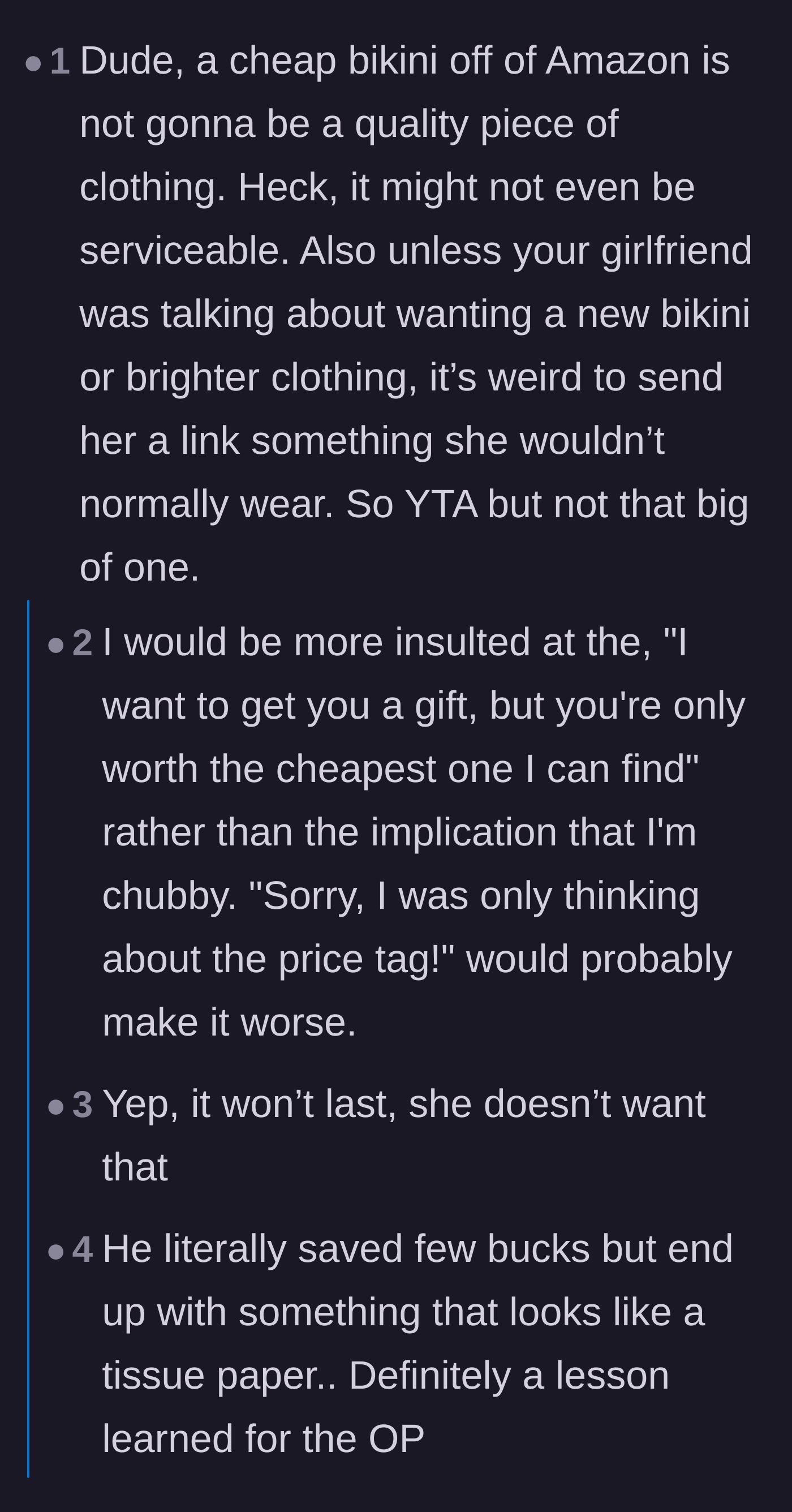 Comment thread 3 - Users pointing out that trying to buy the absolute cheapest gift sends a worse message than accidentally buying the wrong size