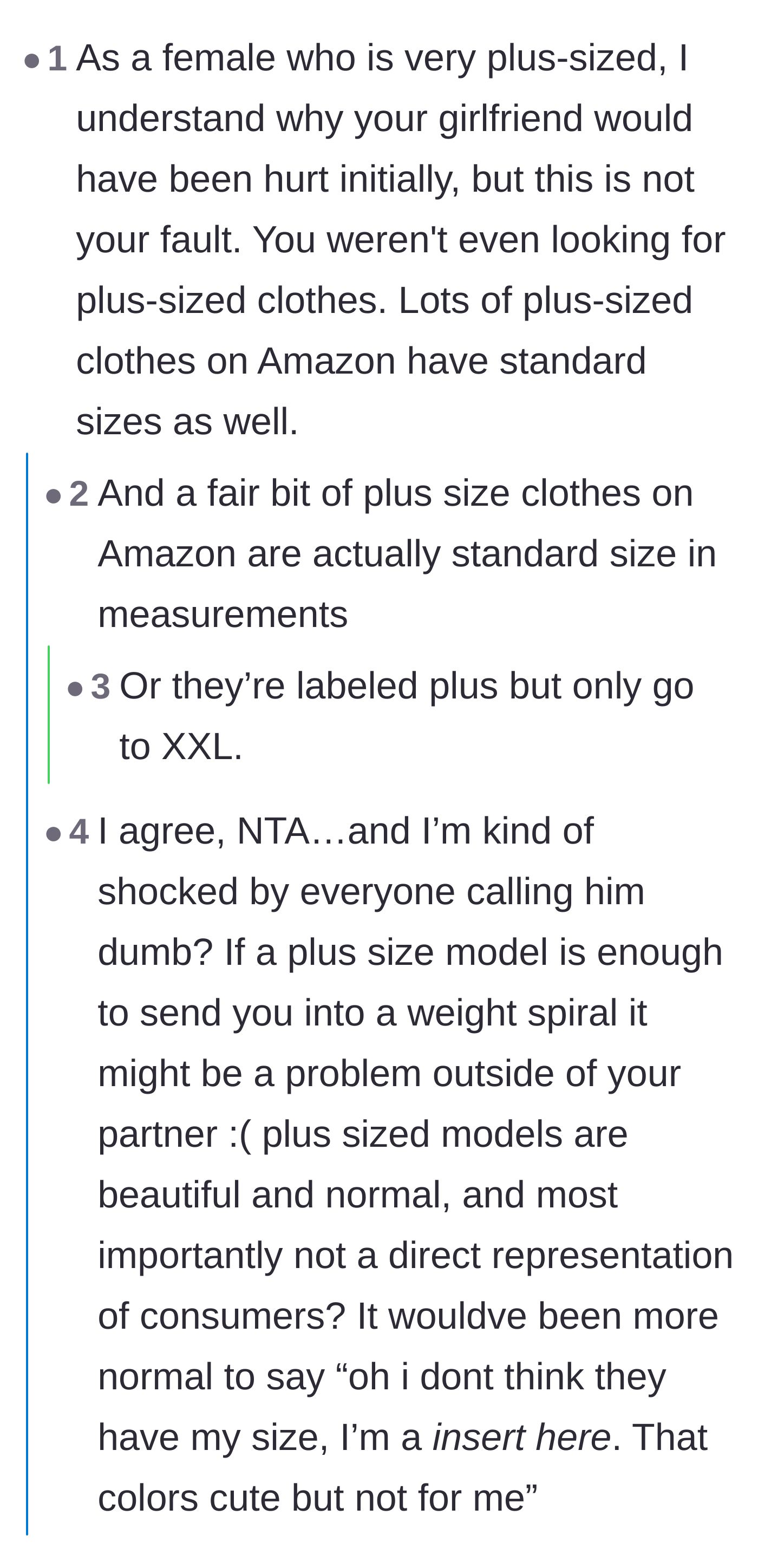 Comment thread 5 - A plus-size commenter explaining that Amazon's sizing is notoriously confusing and he shouldn't be entirely blamed