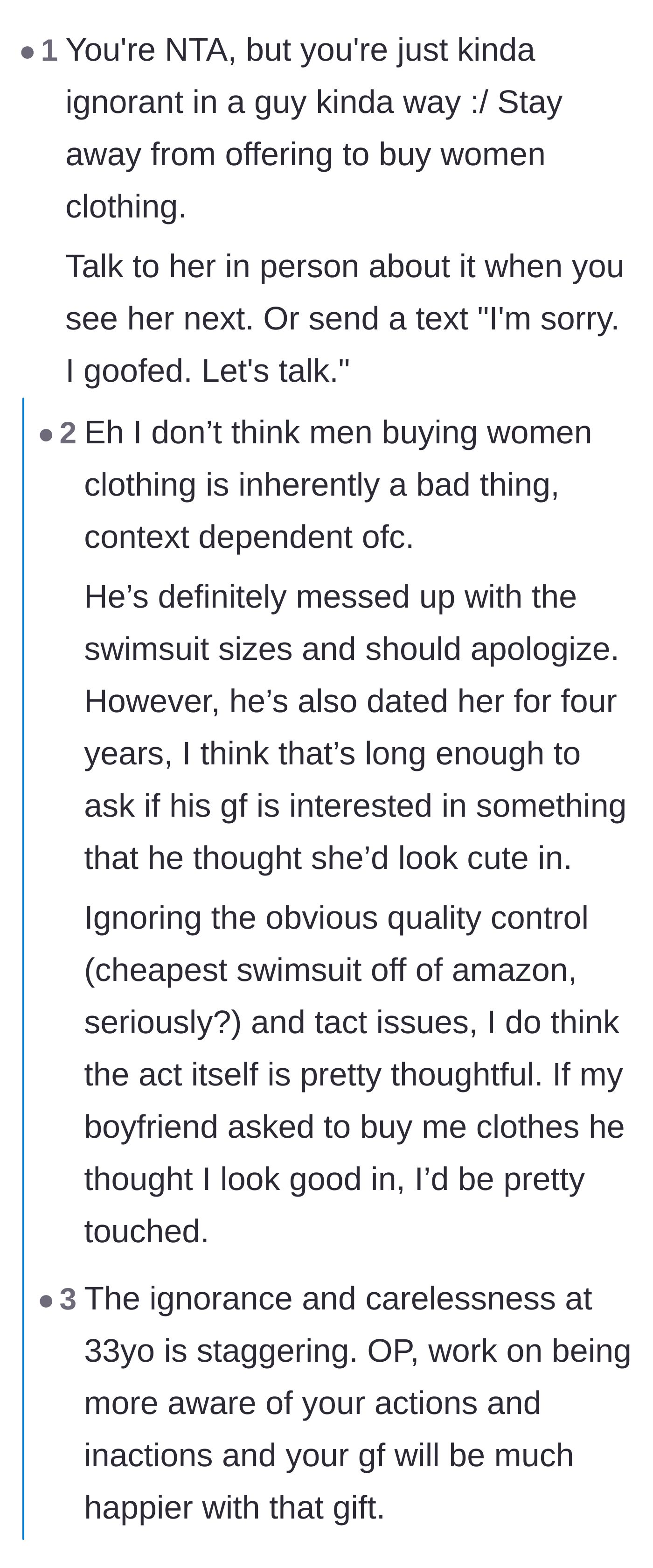 Comment thread 6 - Comments noting his classic male ignorance and advising him to retire from buying women's clothing