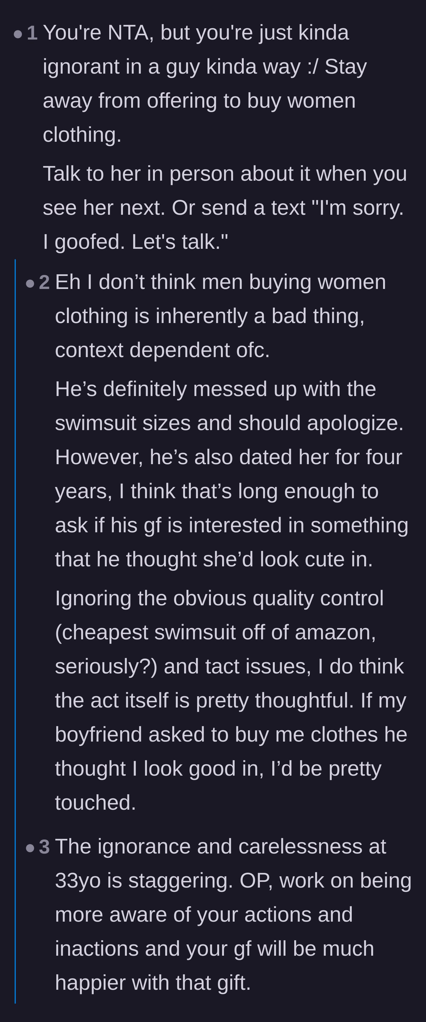 Comment thread 6 - Comments noting his classic male ignorance and advising him to retire from buying women's clothing
