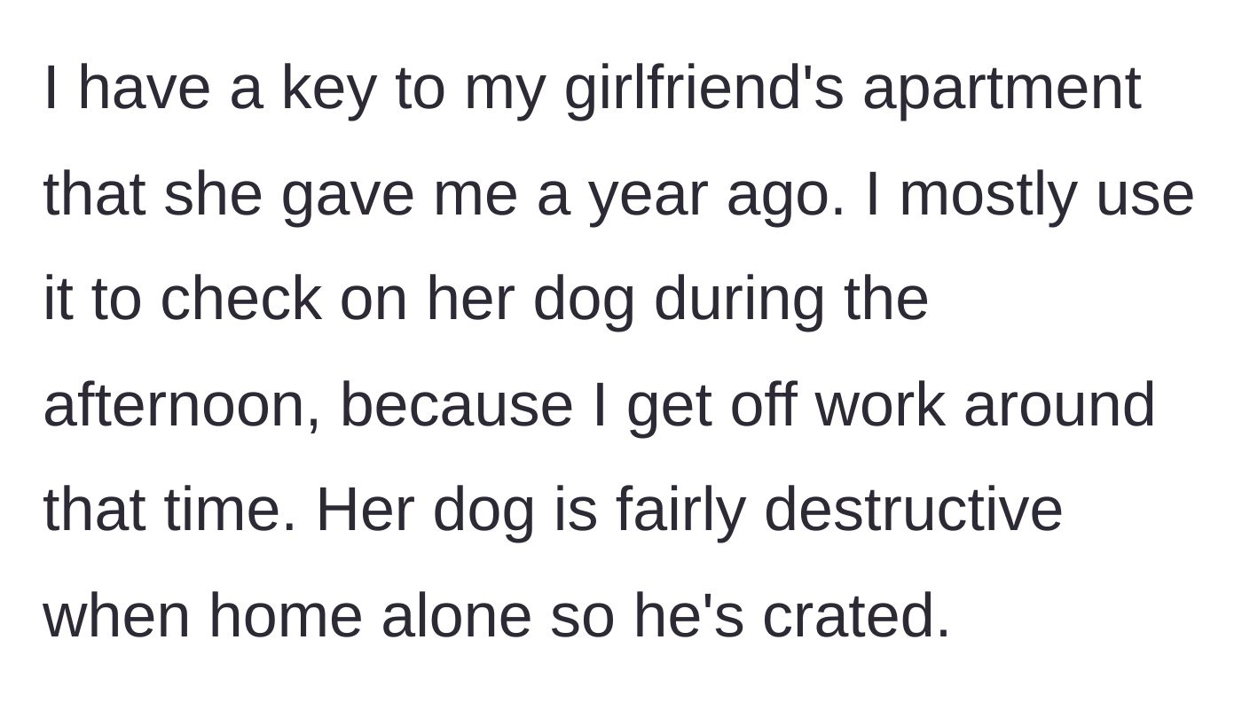 Story part 2 - He explains he has her key to help with her crated dog during the afternoons.