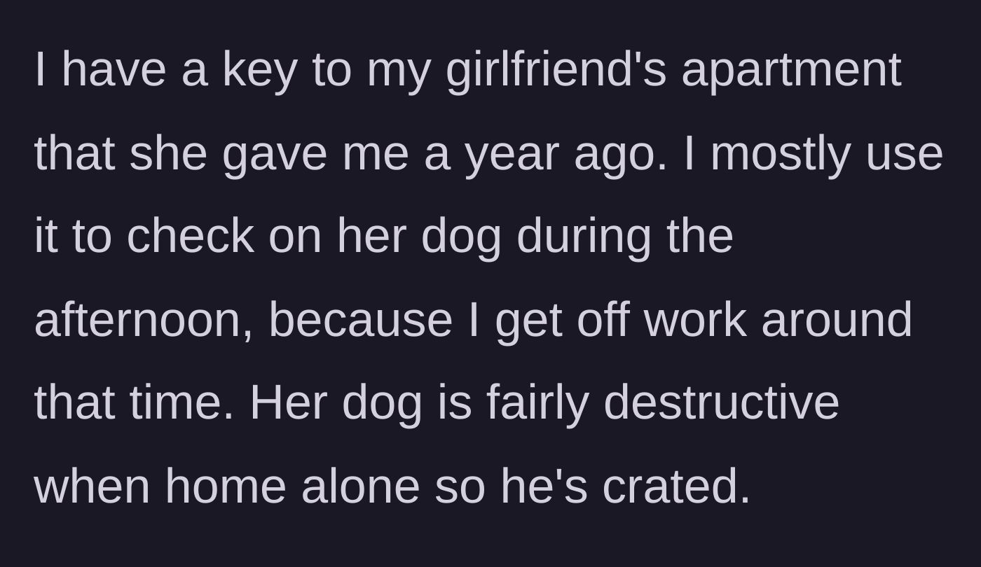 Story part 2 - He explains he has her key to help with her crated dog during the afternoons.