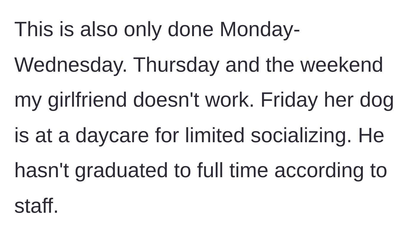 Story part 3 - He details the dog's strict weekly schedule and daycare limitations.