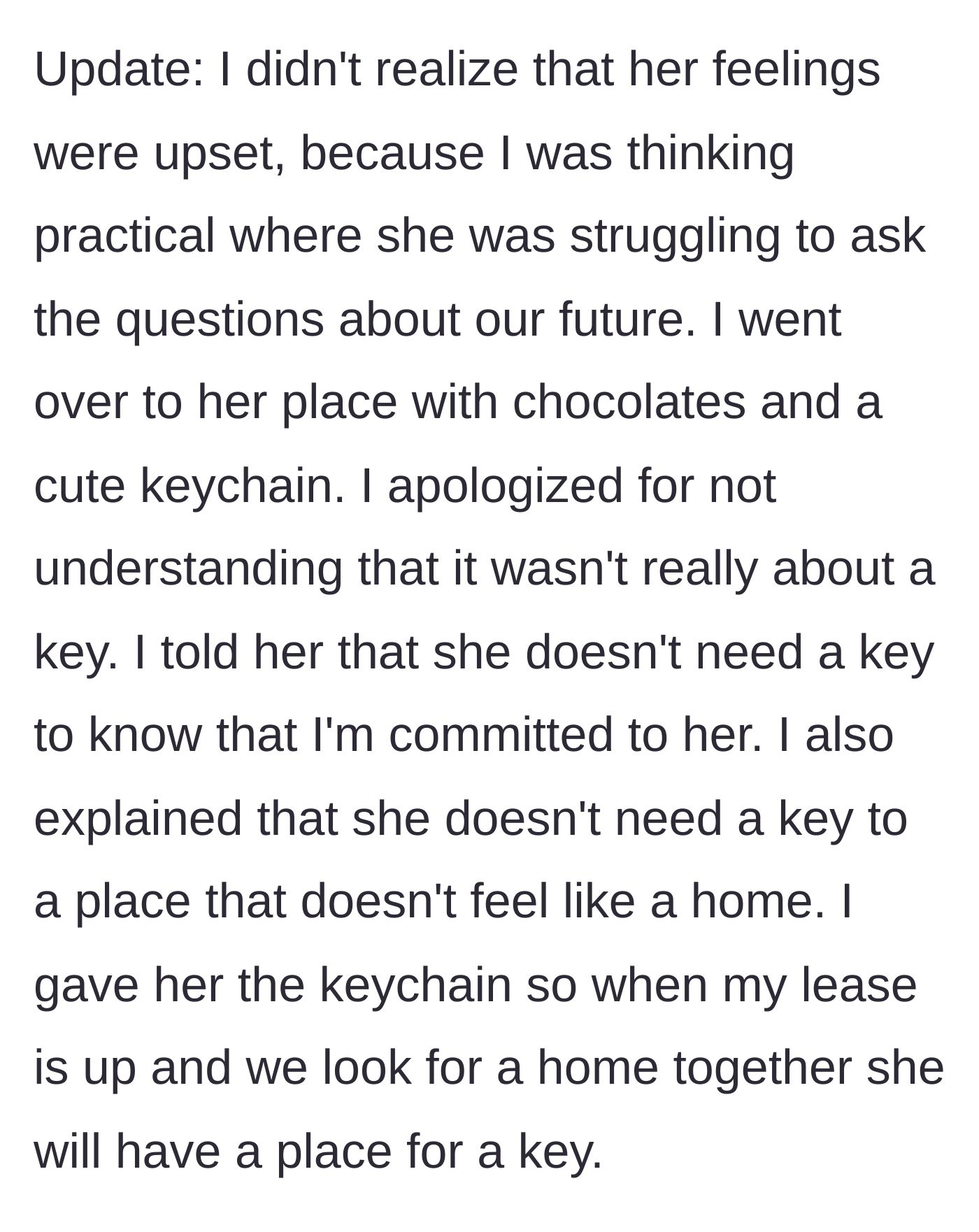Story part 8 - A heartwarming update where he brings her chocolates, a keychain, and a promise to move in together.
